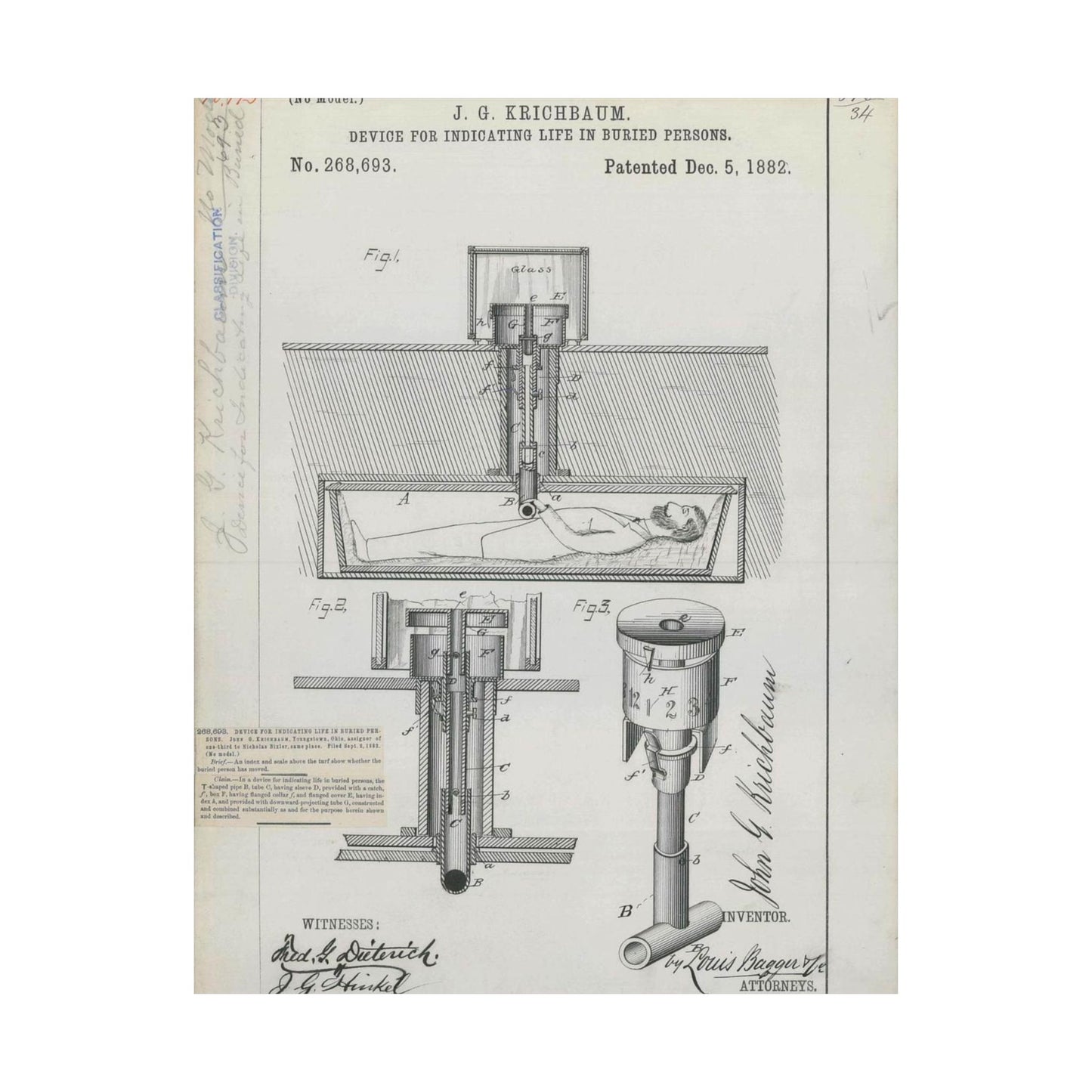 Patent drawing - for J. G. Krichbaum's Device for Indicating Life in Buried Persons Public domain image High Quality Matte Wall Art Poster for Home, Office, Classroom
