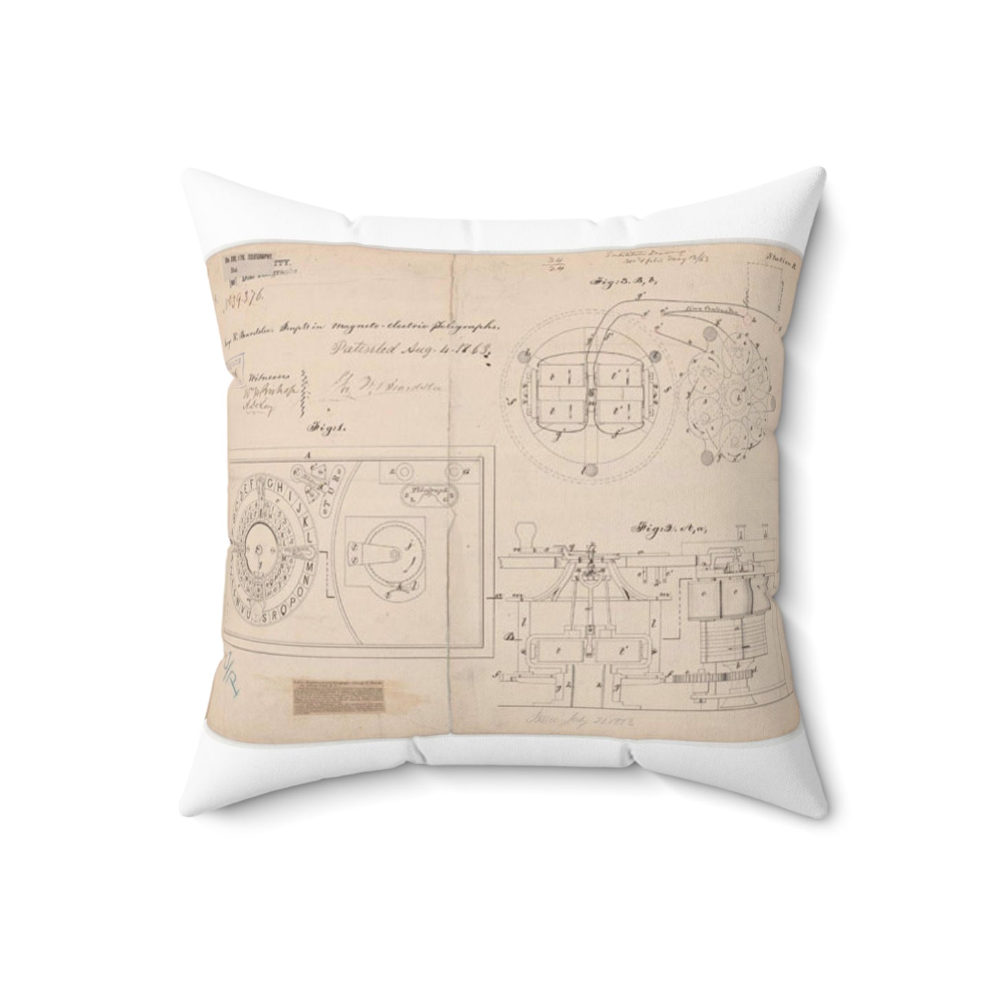 Patent drawing - Drawing of Improvements in Magneto-electric Telegraphs Public domain image Decorative Accent Square Pillow