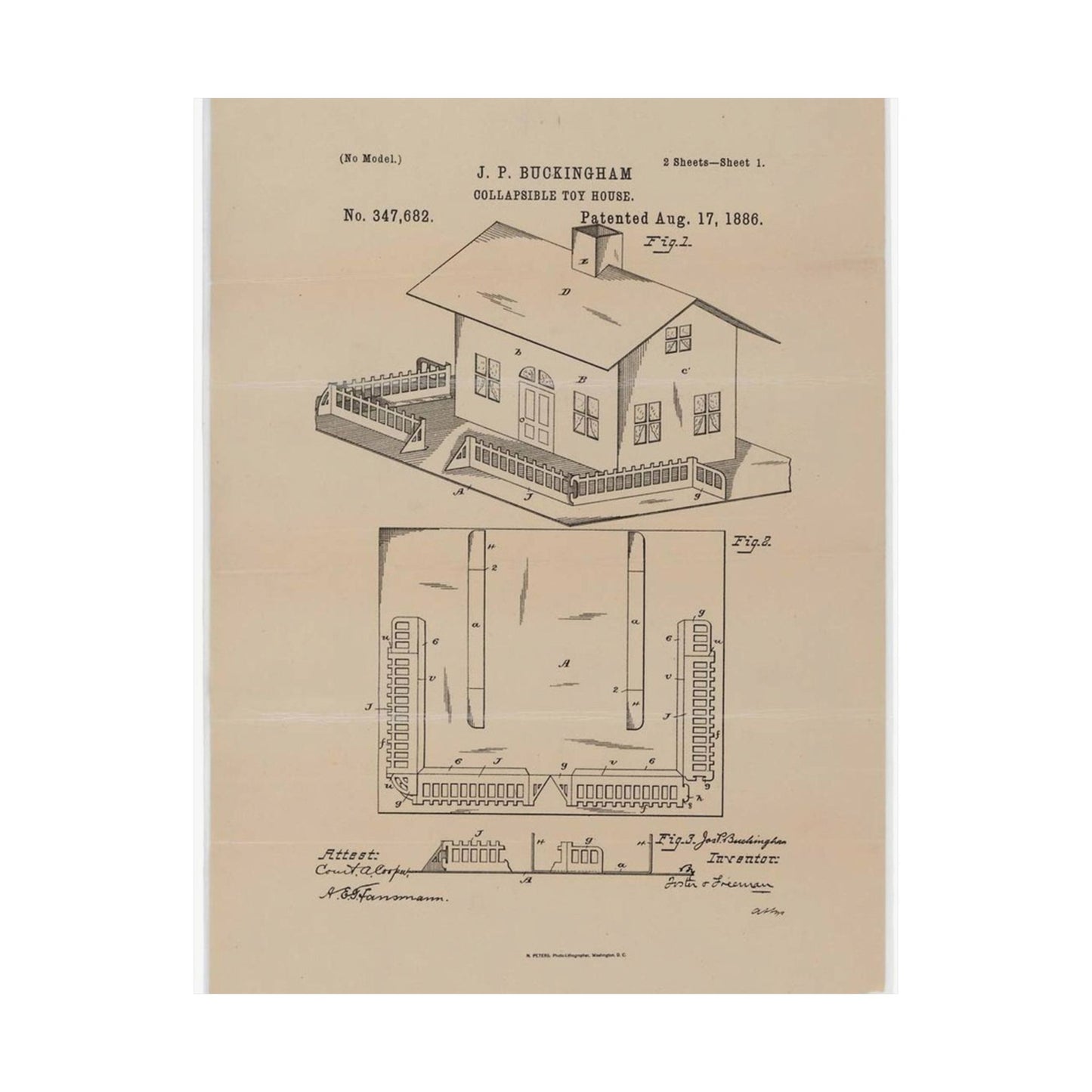 Patent Drawing of Engine - Drawing for a Collapsible Toy House Public domain image High Quality Matte Wall Art Poster for Home, Office, Classroom