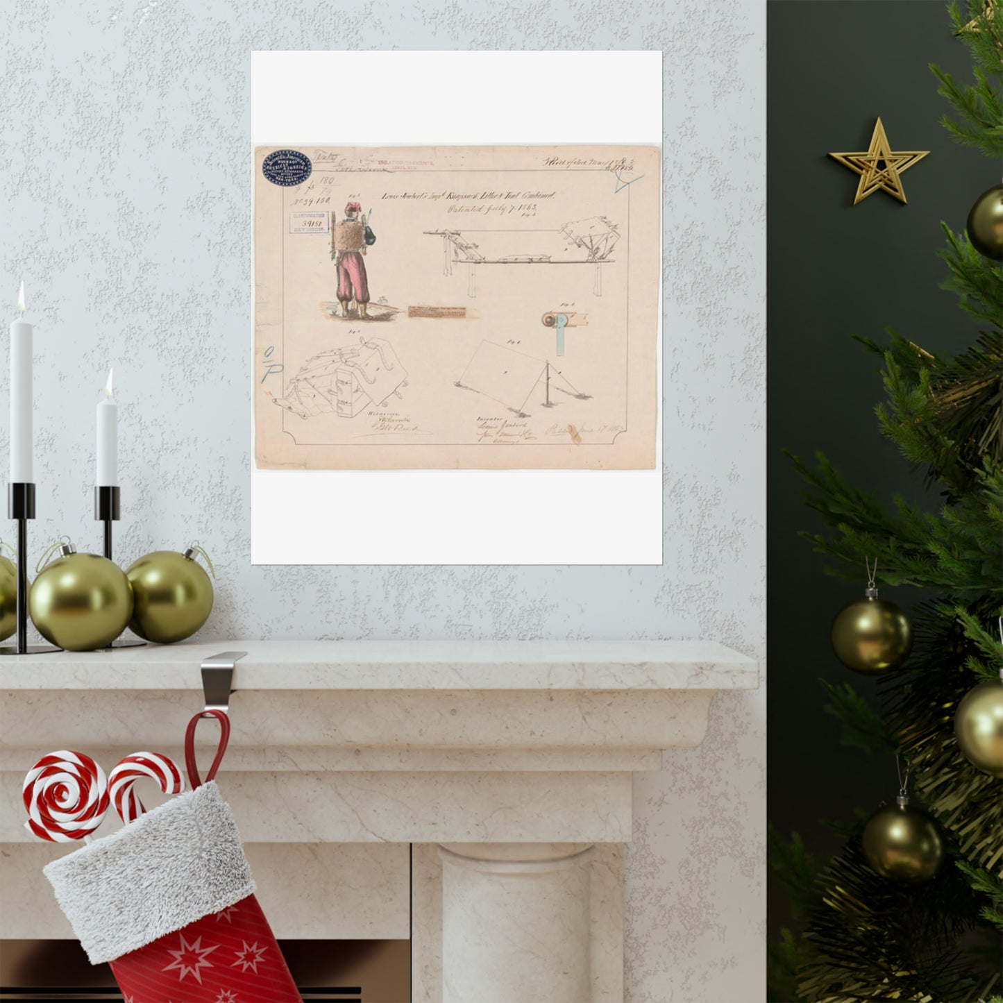 Patent drawing - Drawing of Improved Knapsack, Litter and Tent Combined Public domain image High Quality Matte Wall Art Poster for Home, Office, Classroom
