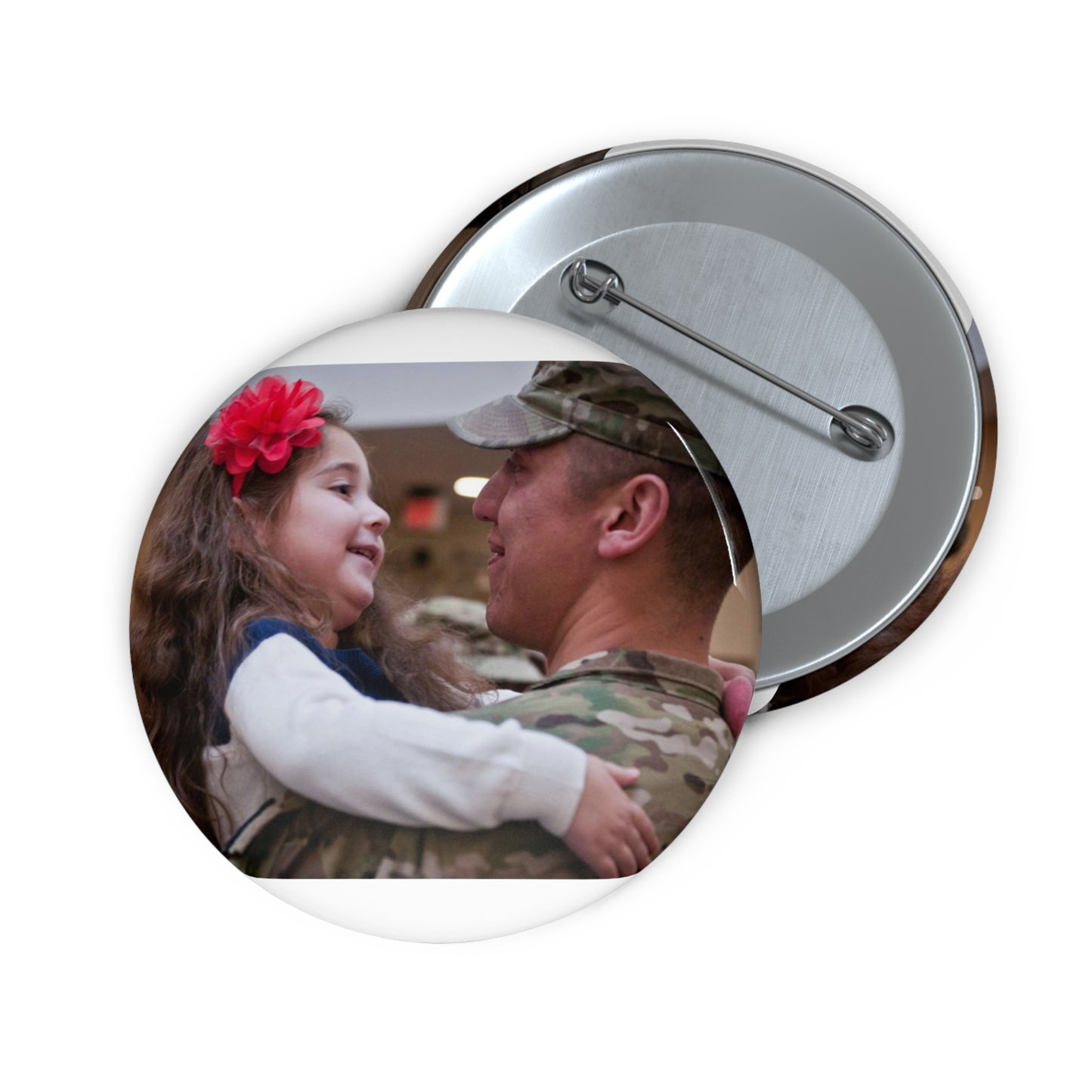 Olivia Settles greets her dad, 1st Lt. James Settles, Pin Buttons with Crisp Design
