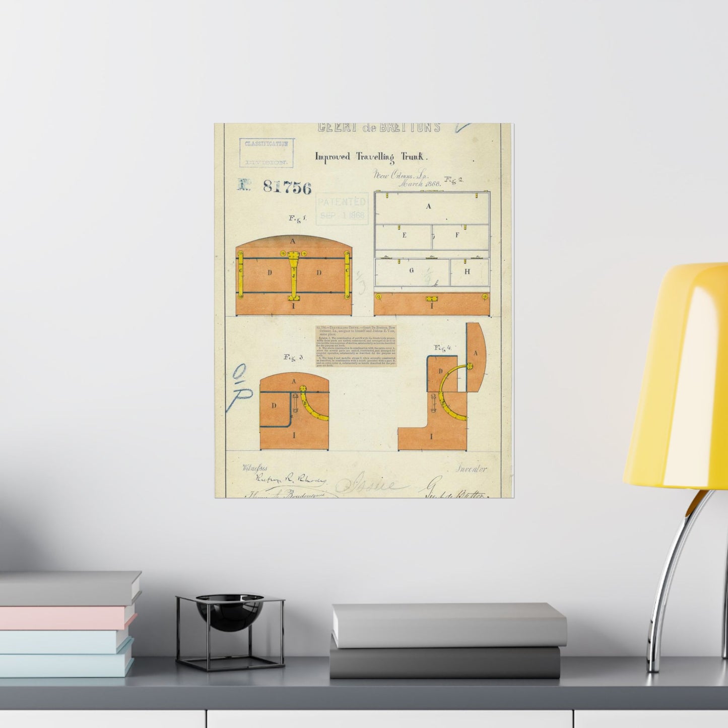 Patent drawing - Drawing of an Improved Traveling Trunk Public domain image High Quality Matte Wall Art Poster for Home, Office, Classroom