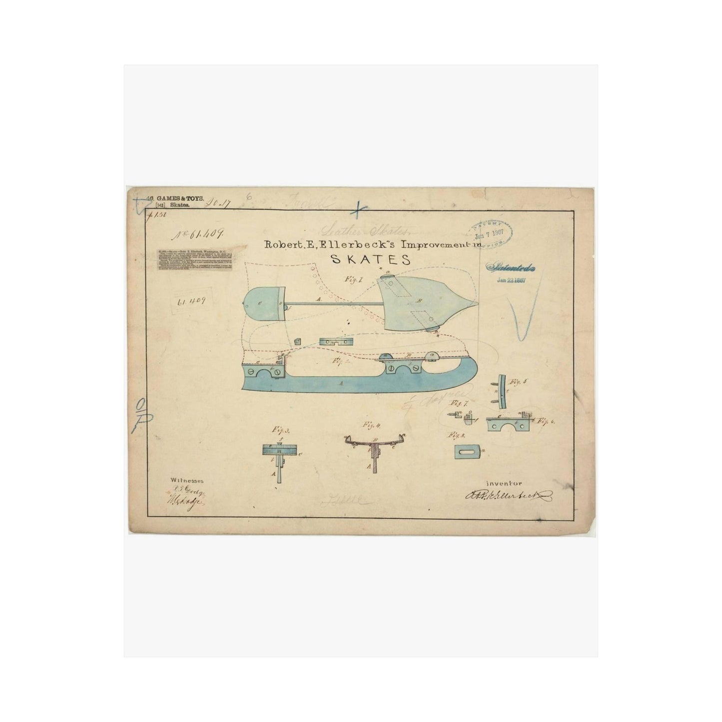 Patent drawing - Drawing of Improvement in Skates Public domain image High Quality Matte Wall Art Poster for Home, Office, Classroom