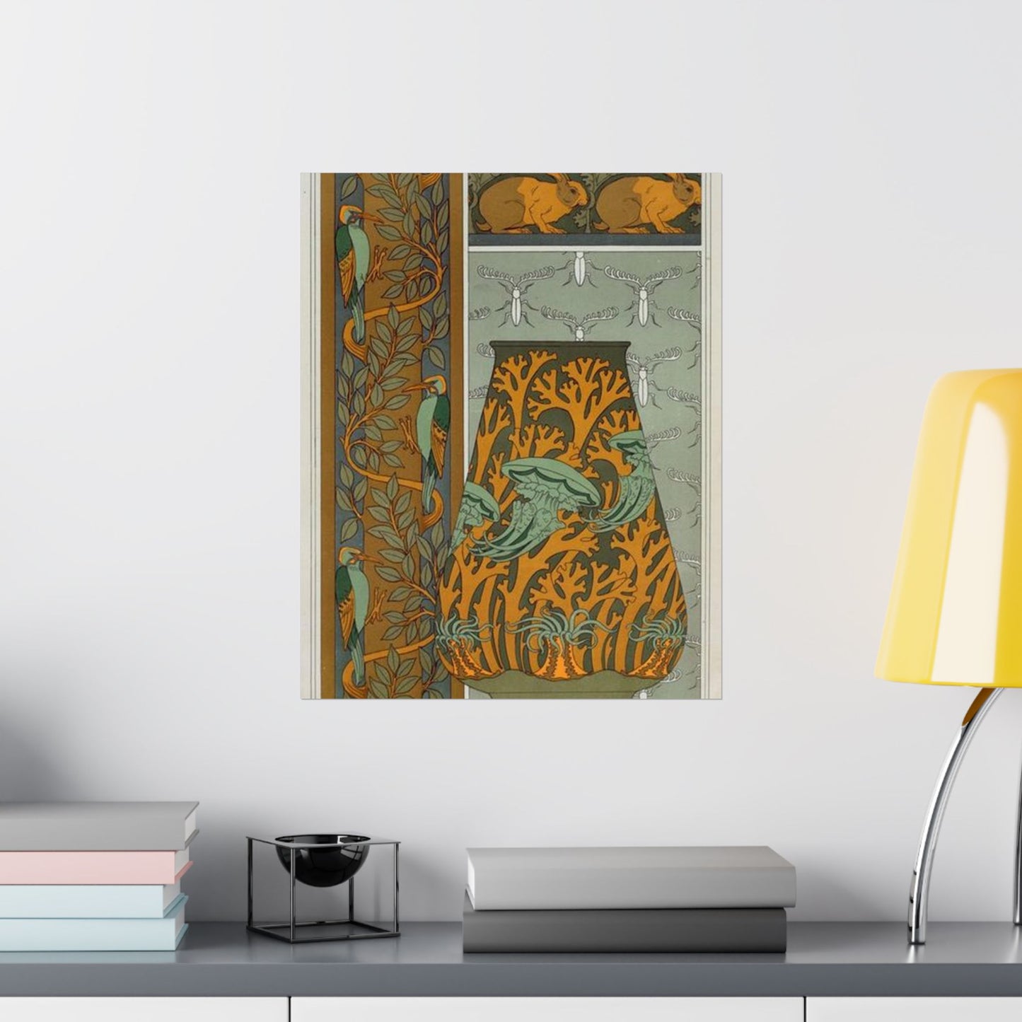 Piverts et arbre, bordure verticale. Lapins et feuilles, bordure. Méduses, anémones de mer et algues, vase. Insectes, jeu de fond. High Quality Matte Wall Art Poster for Home, Office, Classroom