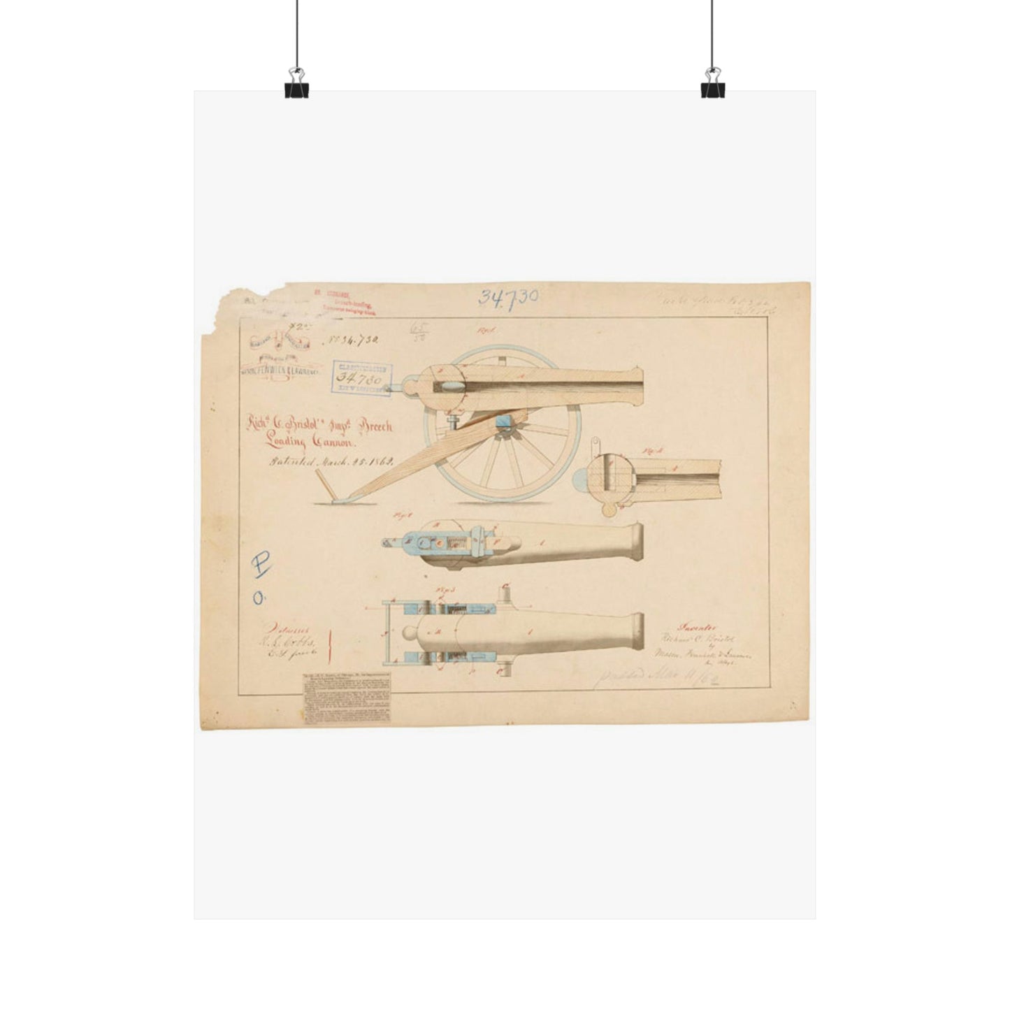 Patent drawing - Drawing of Improved Breech Loading Cannon Public domain image High Quality Matte Wall Art Poster for Home, Office, Classroom