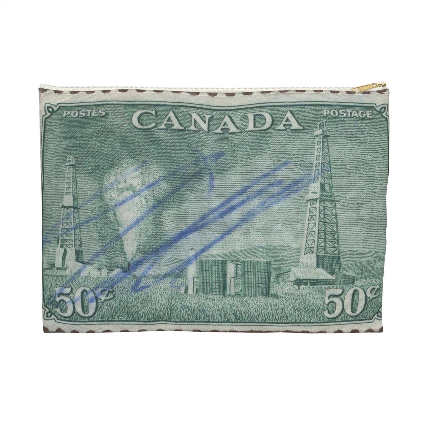 Frimärke ur Gösta Bodmans filatelistiska motivsamling, påbörjad 1950.Frimärke från Canada, 1950. Motiv av petroleumutvinning i Alberta. Large Organizer Pouch with Black Zipper