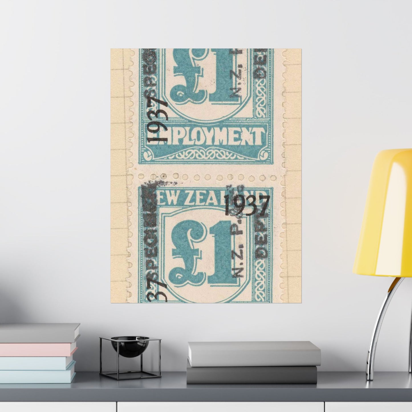 Block of one pound Unemployment Relief stamps overprinted '1937' and 'Specimen' High Quality Matte Wall Art Poster for Home, Office, Classroom