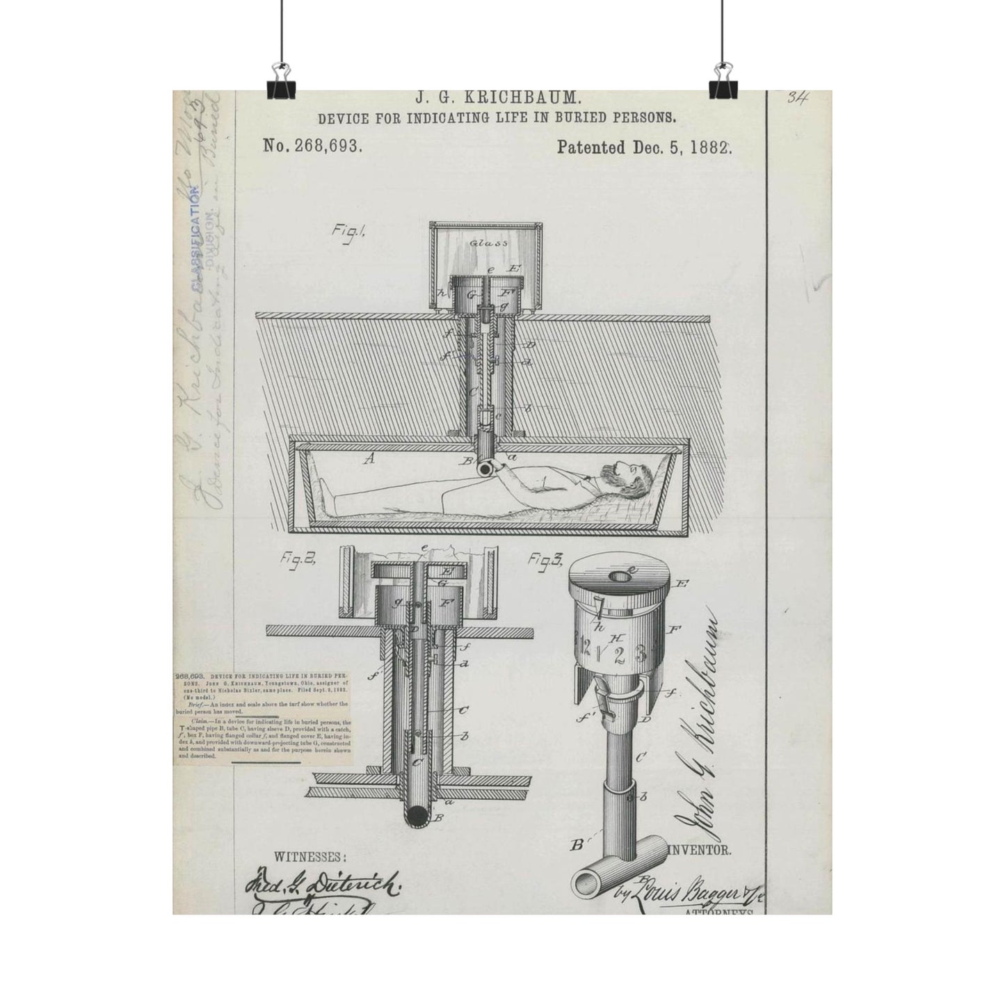 Patent drawing - for J. G. Krichbaum's Device for Indicating Life in Buried Persons Public domain image High Quality Matte Wall Art Poster for Home, Office, Classroom