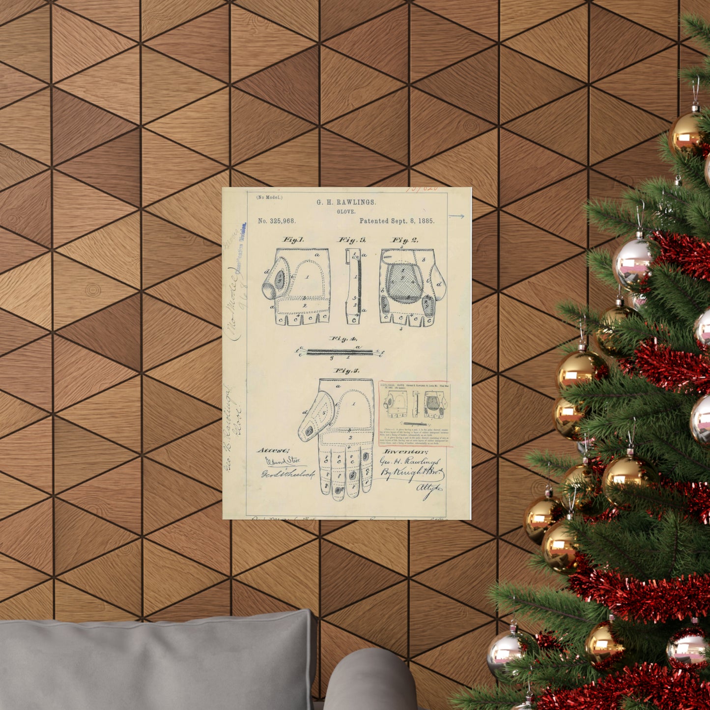 Patent drawing - Drawing for a "Base Ball Glove" Public domain image High Quality Matte Wall Art Poster for Home, Office, Classroom
