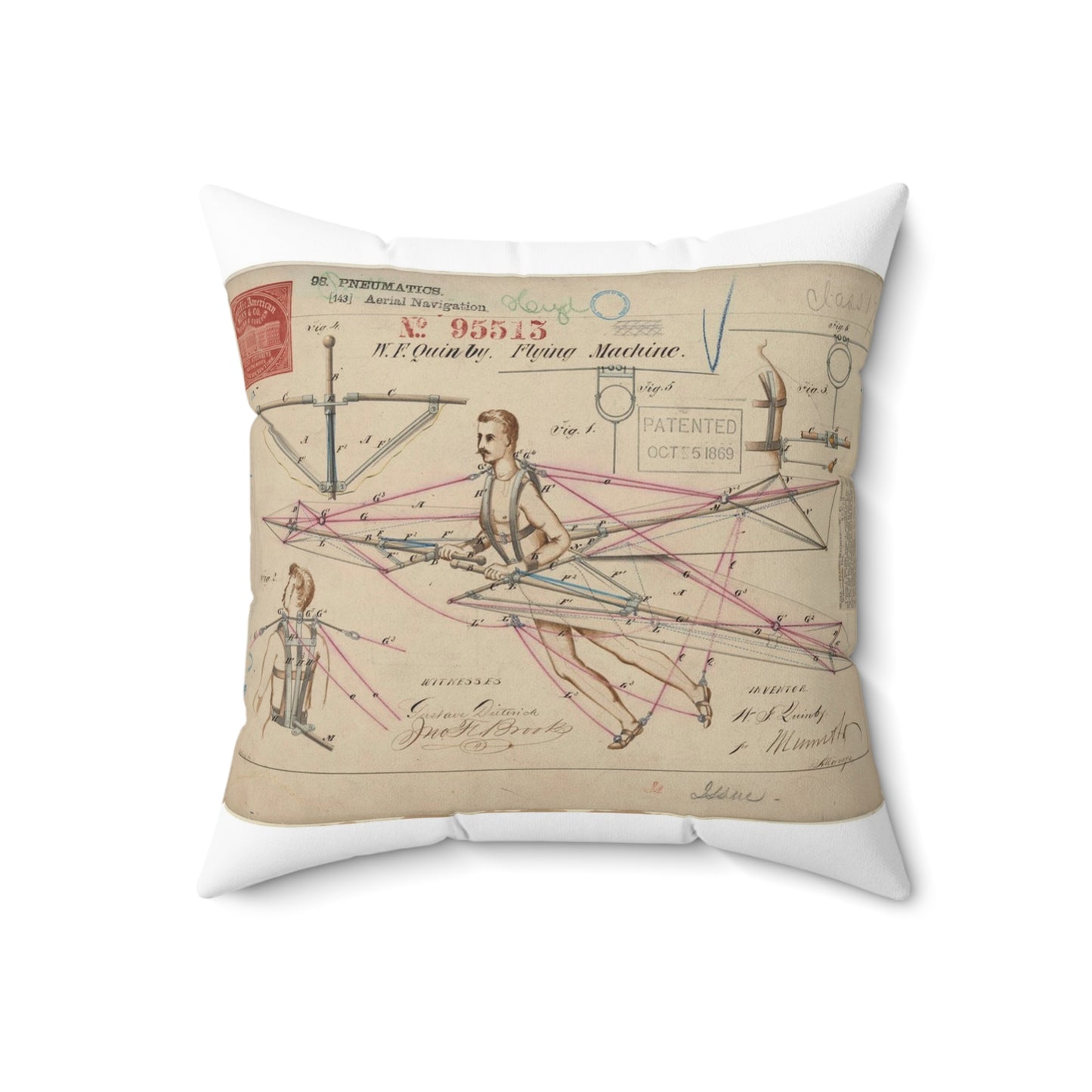 Patent drawing - for a Flying Machine Public domain image Decorative Accent Square Pillow