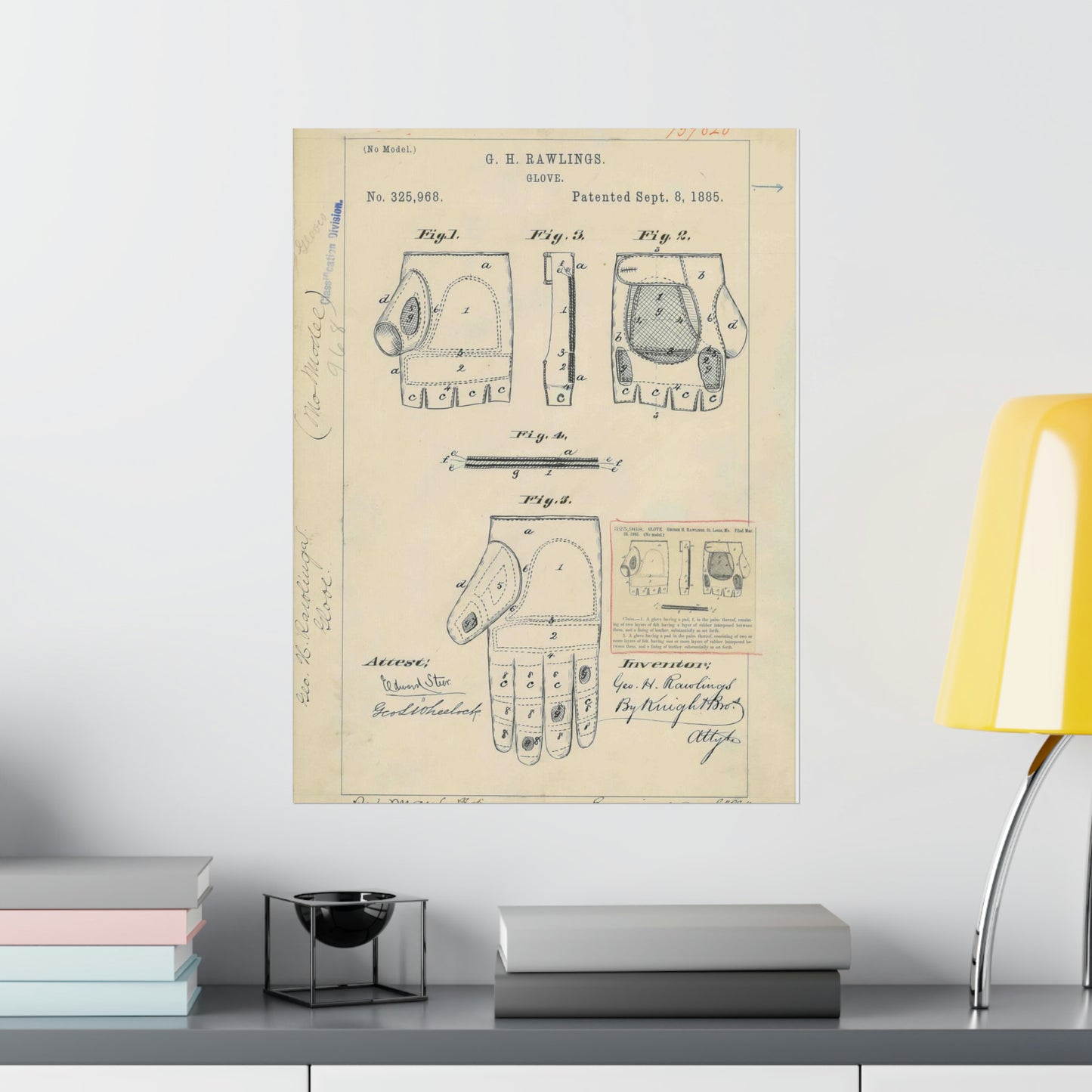 Patent drawing - Drawing for a "Base Ball Glove" Public domain image High Quality Matte Wall Art Poster for Home, Office, Classroom