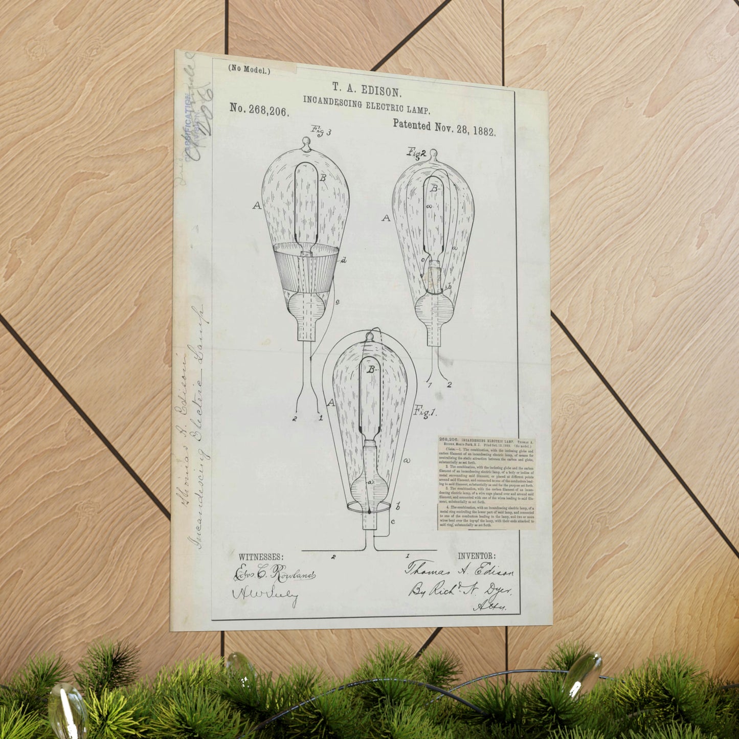 Patent drawing - for T. A. Edison's Incandescing Electric Lamp Public domain image High Quality Matte Wall Art Poster for Home, Office, Classroom