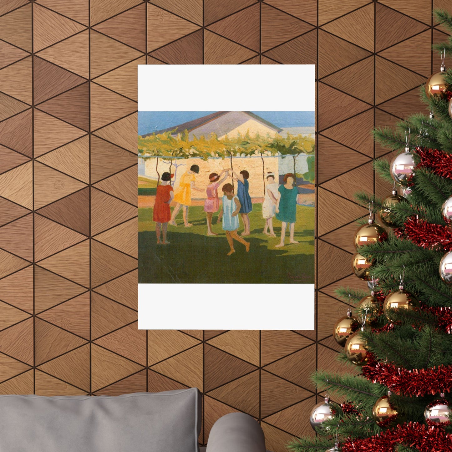 Petrona Viera - A painting of a group of children playing with a kite High Quality Matte Wall Art Poster for Home, Office, Classroom