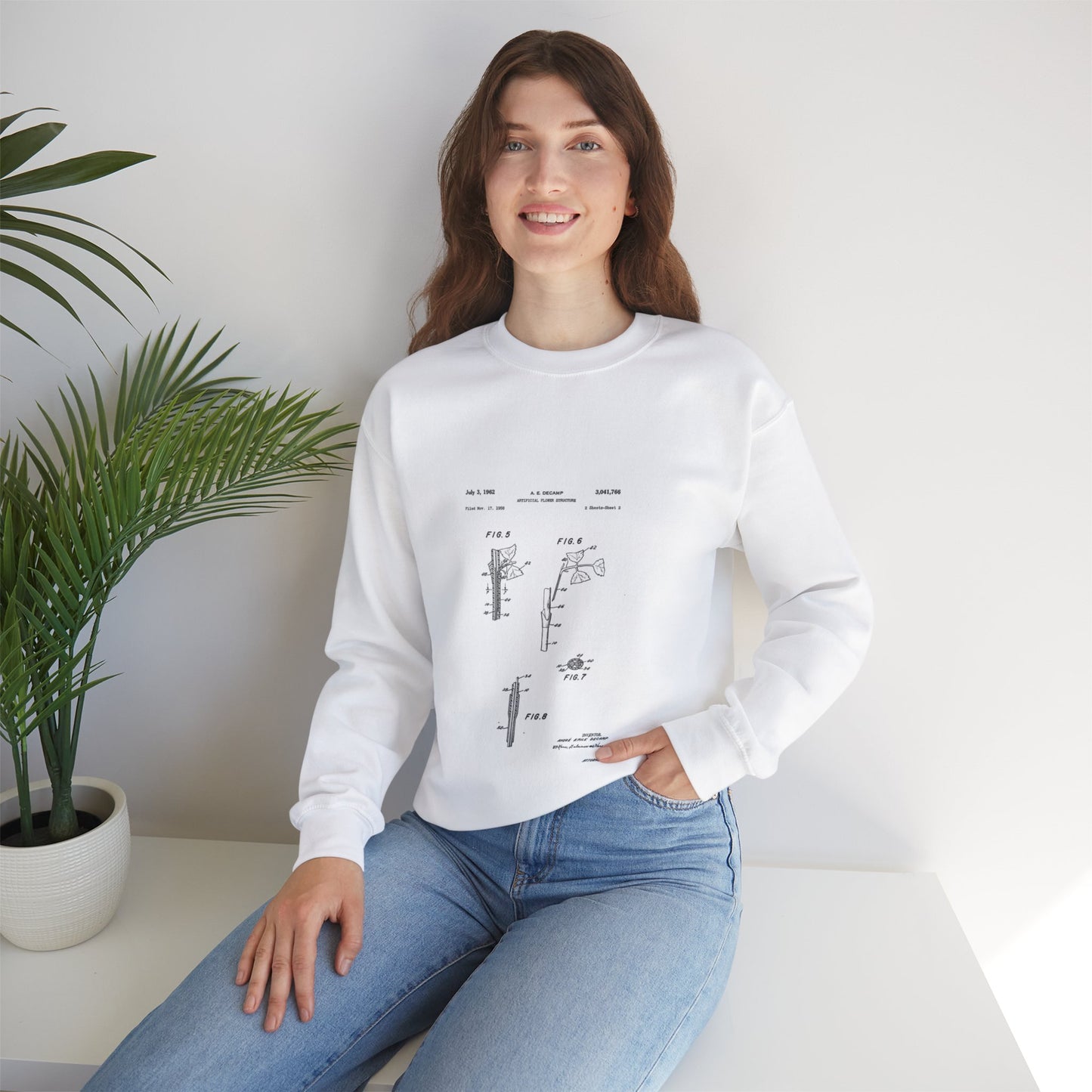 Patent Case File No. 3,041,766, Artificial Flower Structure, Inventor- Andre Emile Decamp. - DPLA - 5b42c14167aa06231801b6160e85e41a (page 8) White Heavy Blend Adult Crew Neck SweatShirt