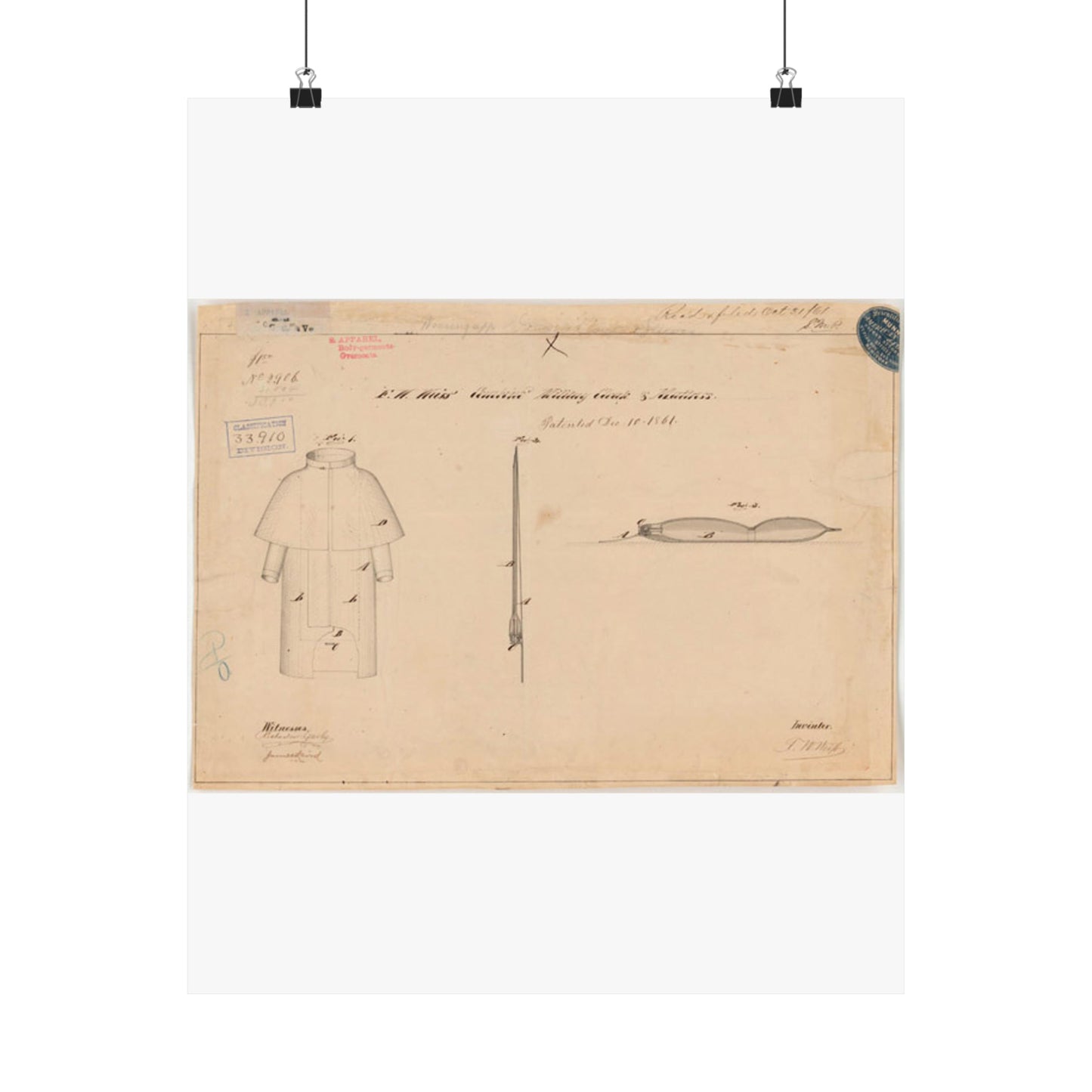 Patent drawing - Drawing of Combined Military Cloak and Mattress Public domain image High Quality Matte Wall Art Poster for Home, Office, Classroom