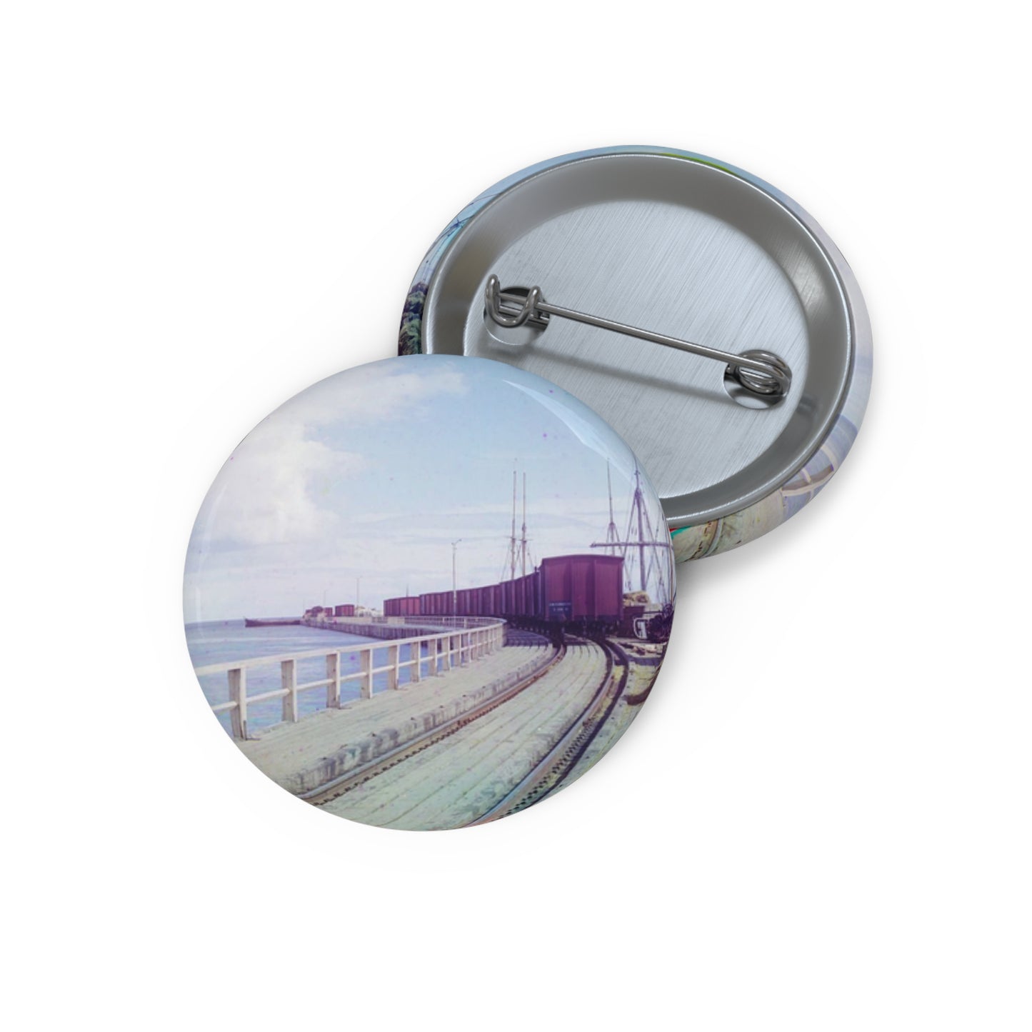 Sorochya Bay. Railroad dam in the Soroka inlet. Arkhangelsk Province, Russia. Pin Buttons with Crisp Design