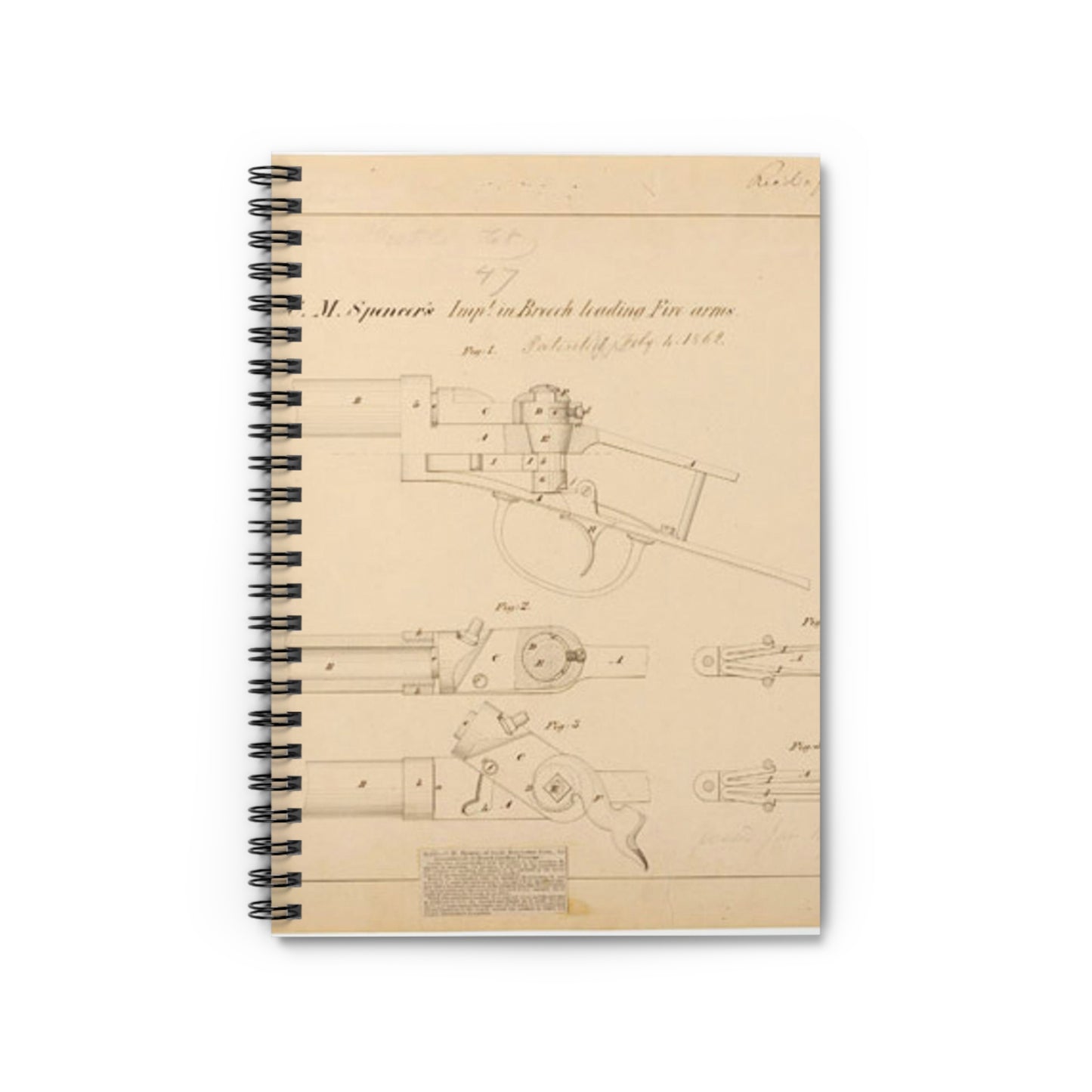 Patent Drawing of Engine - Drawing of Improvements in Breech Loading Fire Arms Public domain image Spiral Bound Ruled Notebook with Printed Cover