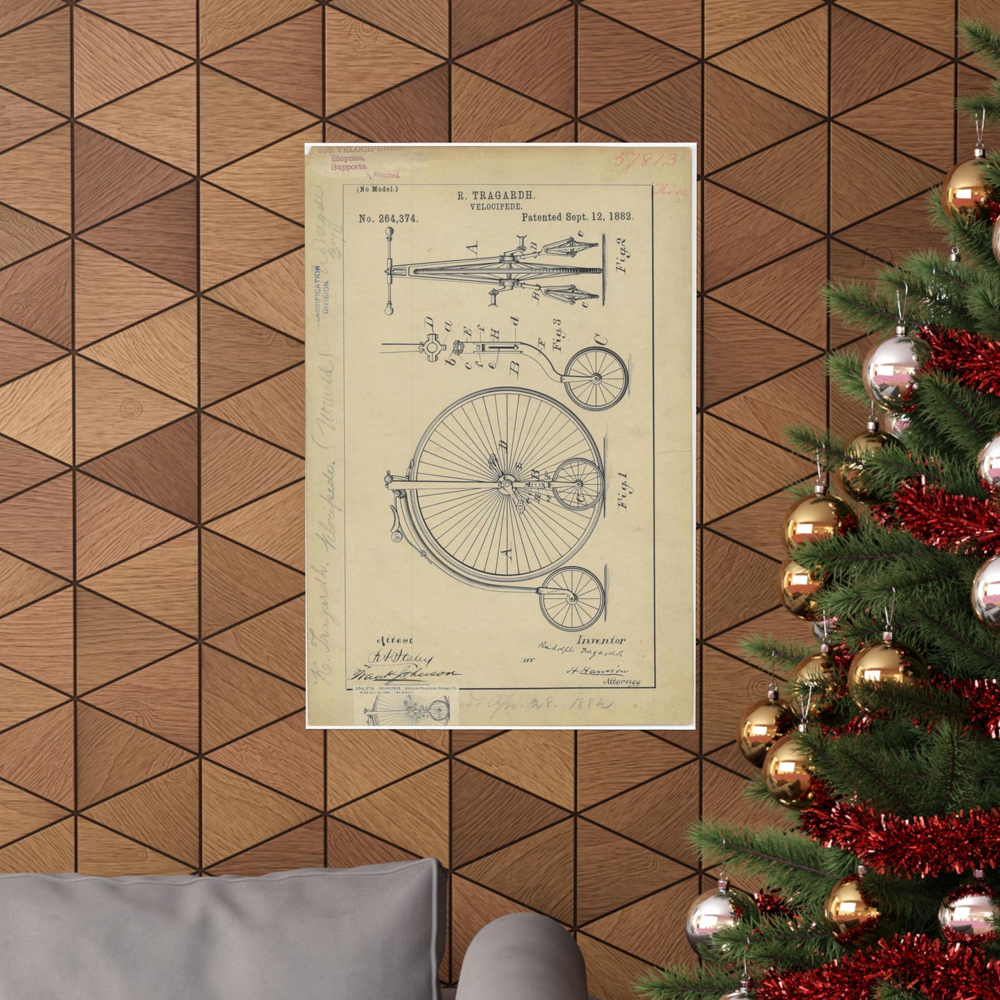 Patent drawing - Drawing of a Velocipede Public domain image High Quality Matte Wall Art Poster for Home, Office, Classroom