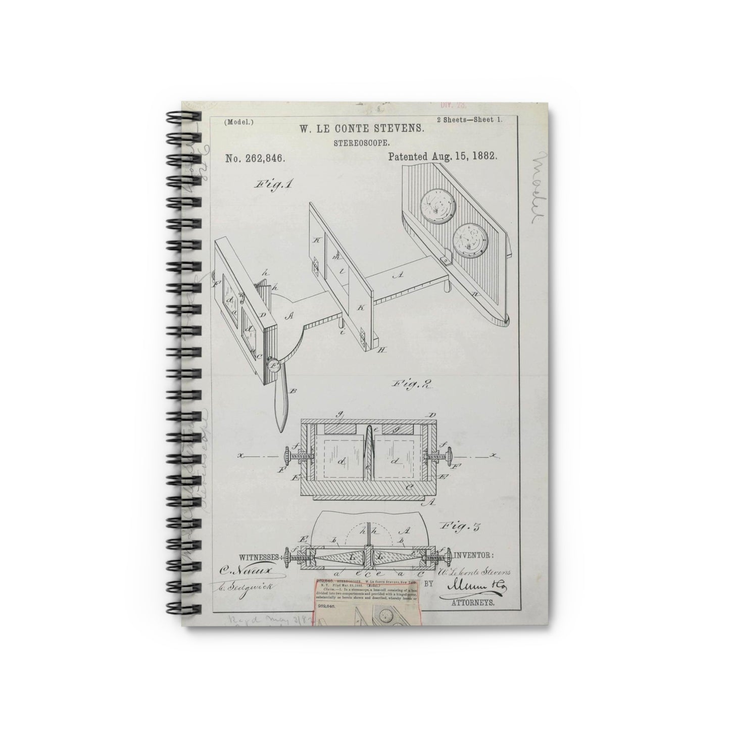 Patent drawing - for W. Le Conte Stevens' Stereoscope Public domain image Spiral Bound Ruled Notebook with Printed Cover