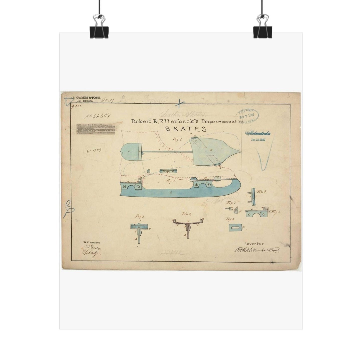 Patent drawing - Drawing of Improvement in Skates Public domain image High Quality Matte Wall Art Poster for Home, Office, Classroom