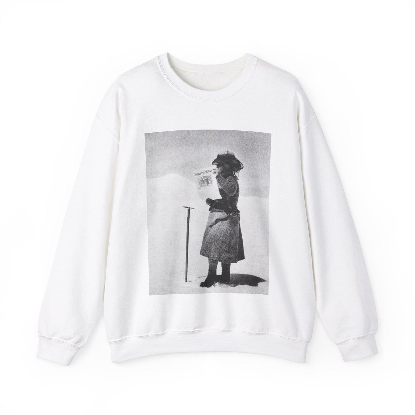 FannyBullockWorkmanVotesWomen - A woman standing in the snow holding a sign White Heavy Blend Adult Crew Neck SweatShirt