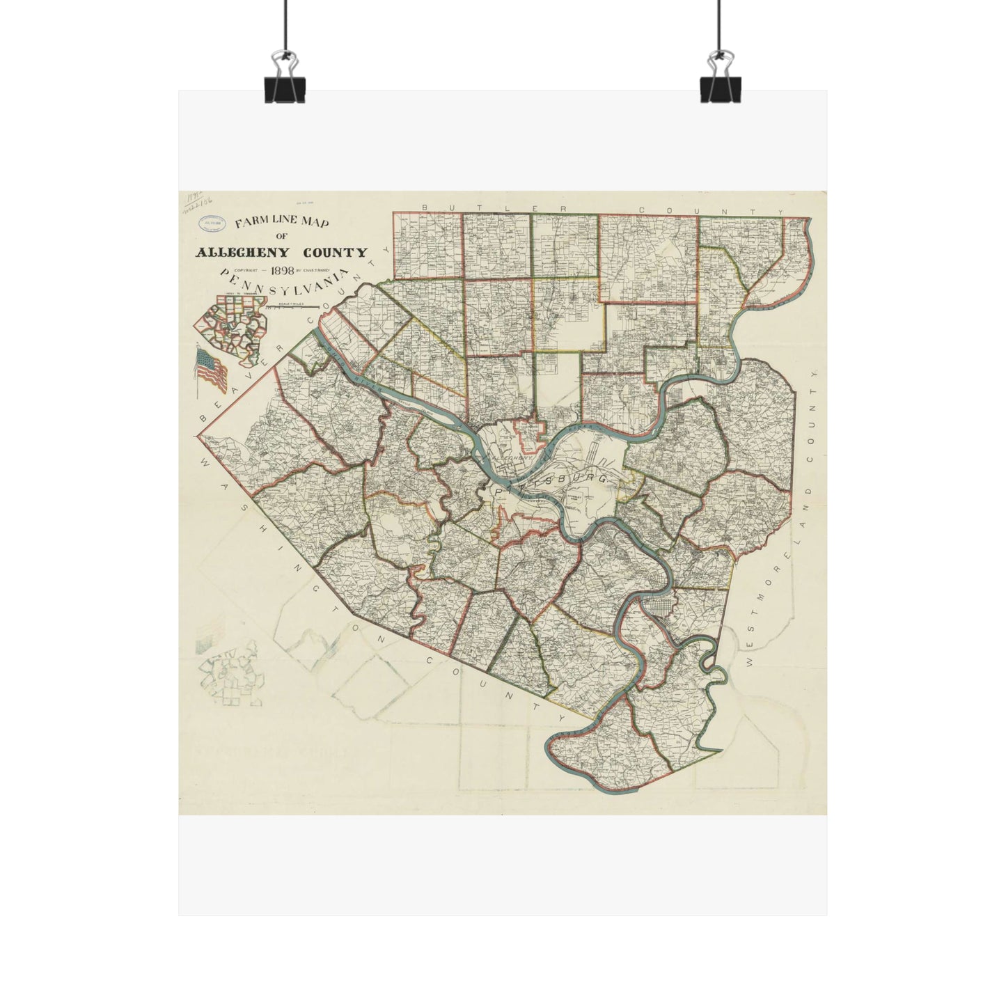 Farm line map of Allegheny County, Pennsylvania / High Quality Matte Wall Art Poster for Home, Office, Classroom