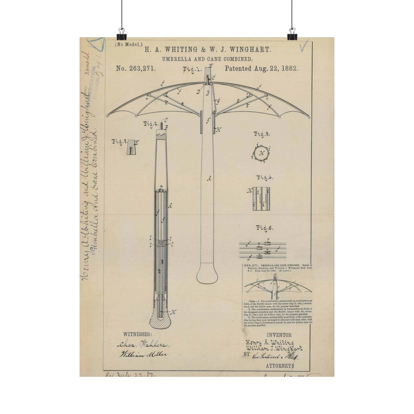 Patent drawing - for H. A. Whiting and W. J. Winghart's Umbrella and Cane Combined Public domain image High Quality Matte Wall Art Poster for Home, Office, Classroom