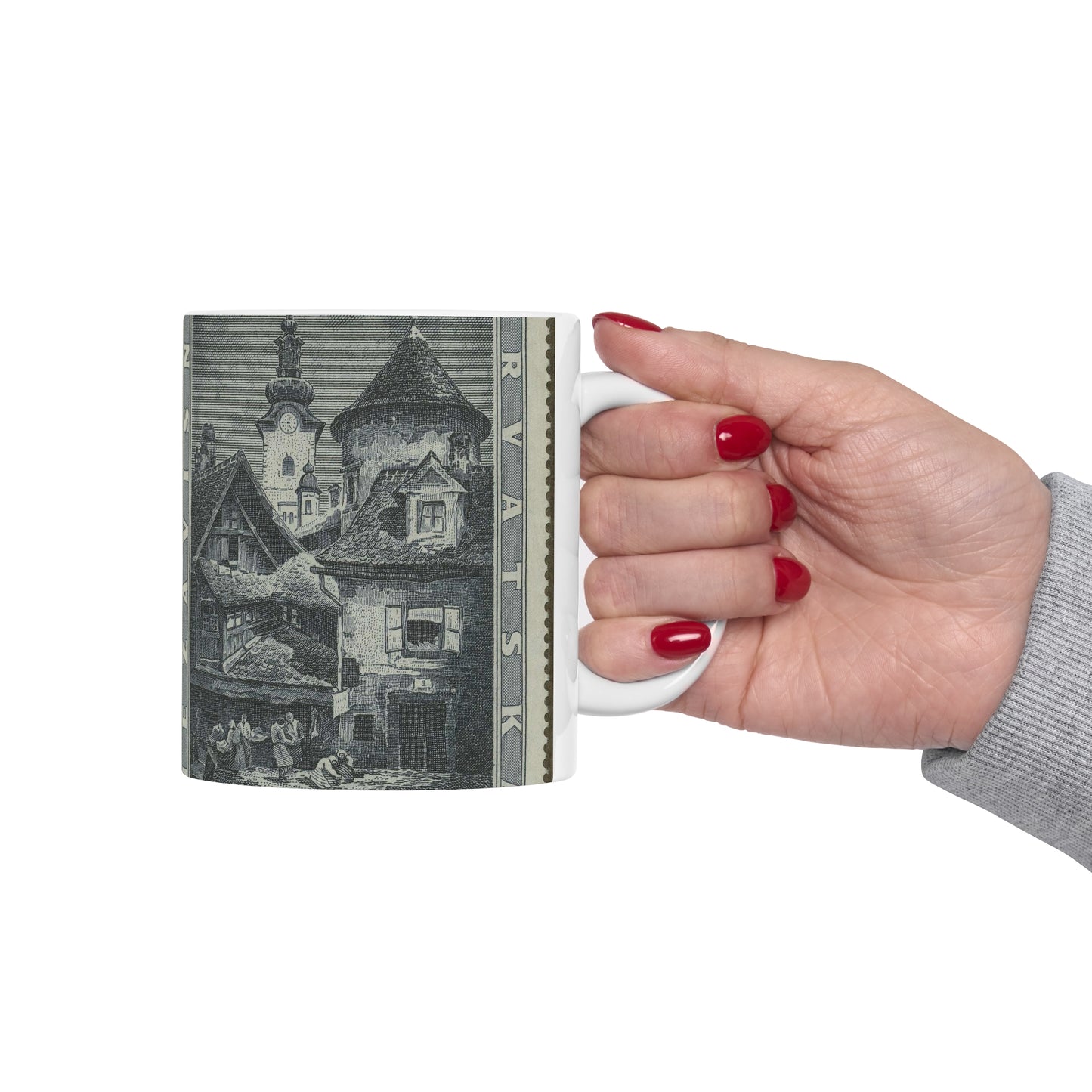 Frimärke ur Gösta Bodmans filatelistiska motivsamling, påbörjad 1950.Frimärke från Kroatien, 1943. Motiv av kyrkan St. Marie och Cistercienserklostret år 1950. "Till Filateliutställningen i Zagreb 1943". Beautiful Novelty Ceramic Coffee Mug 11oz