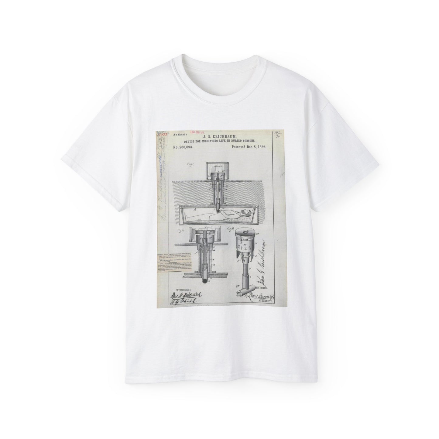 Patent drawing - for J. G. Krichbaum's Device for Indicating Life in Buried Persons Public domain image White T-Shirt Gildan 2000 Cotton Unisex