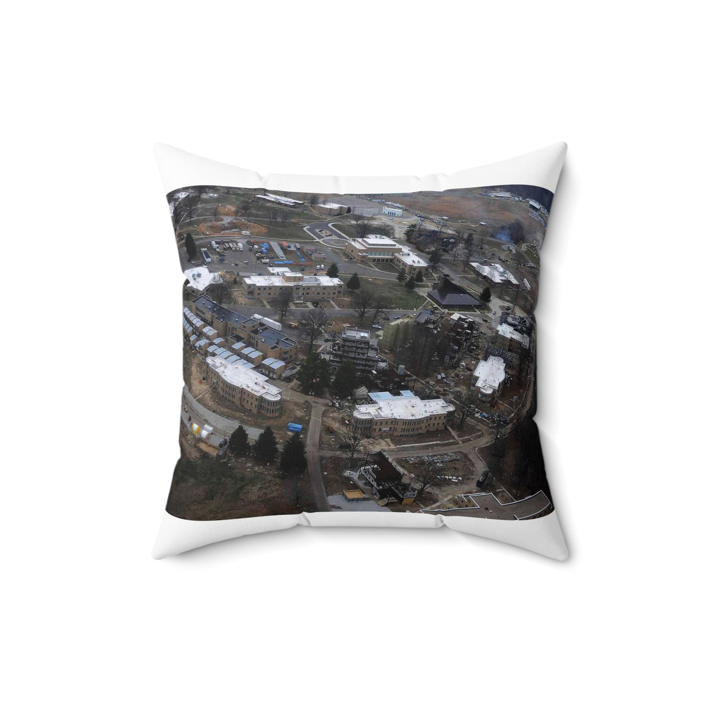 An aerial view of the Muscatatuck Urban Training Center Decorative Accent Square Pillow