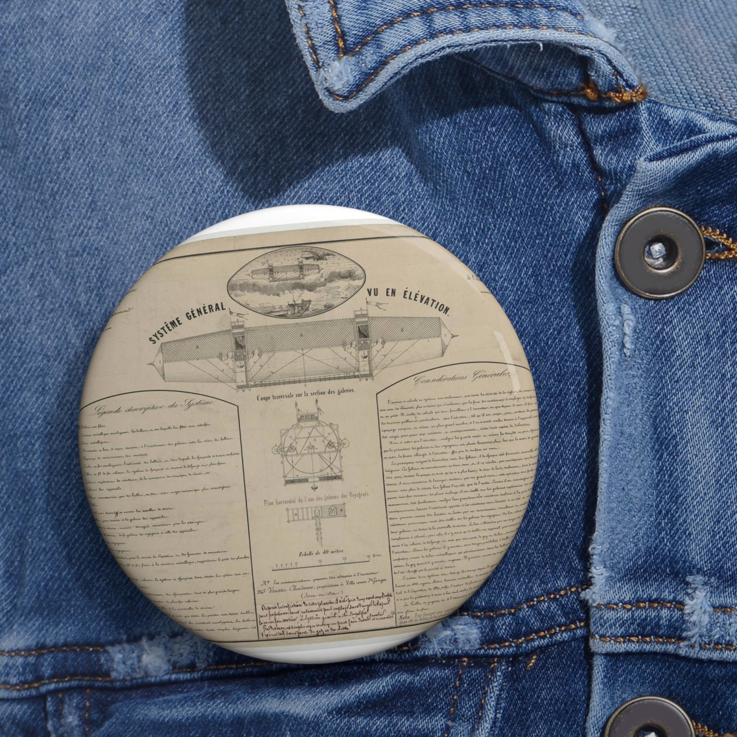 Patent drawing - Aérostat dirigeable système Vaussin Chardanne, brevet ... Nouveaux procédés de direction aérienne présenté à lʹInstitut de France, 1852 Public domain image Pin Buttons with Crisp Design