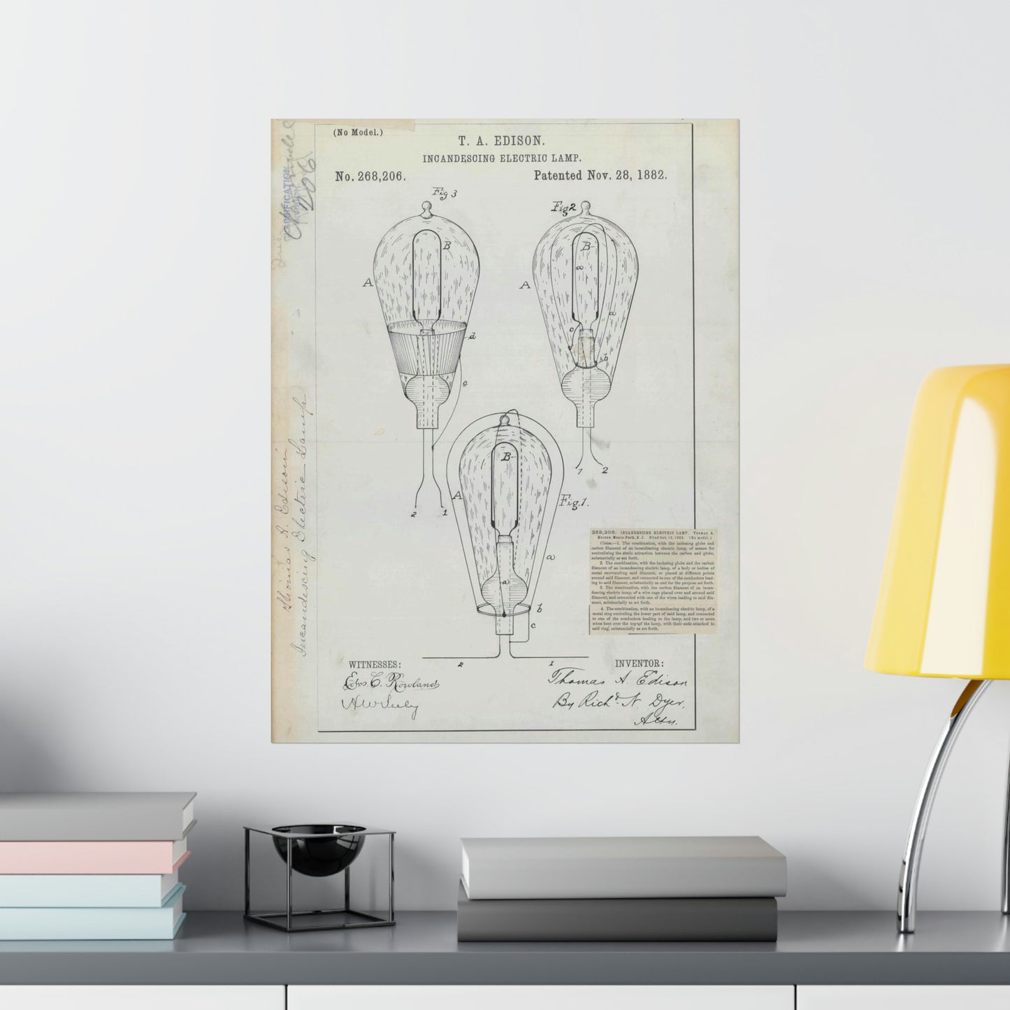 Patent drawing - for T. A. Edison's Incandescing Electric Lamp Public domain image High Quality Matte Wall Art Poster for Home, Office, Classroom