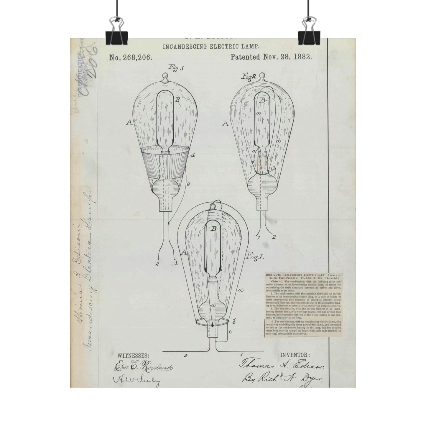 Patent drawing - for T. A. Edison's Incandescing Electric Lamp Public domain image High Quality Matte Wall Art Poster for Home, Office, Classroom