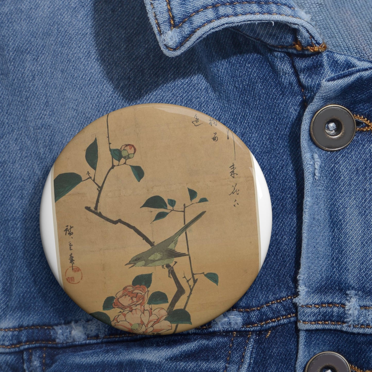 Utagawa Hiroshige - Tsubaki ni uguisu, Ando Hiroshige Pin Buttons with Crisp Design