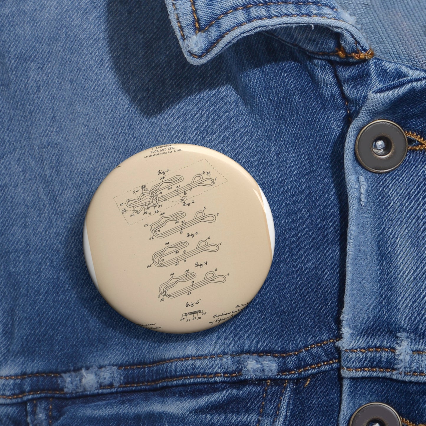 Patent drawing - for a Hook and Eye Fastener Public domain image Pin Buttons with Crisp Design