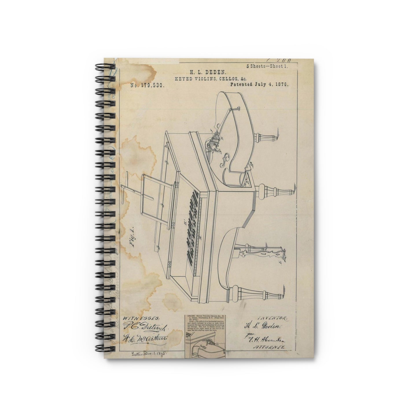 Patent drawing - for H. L. Deden's Keyed Violins, Cellos, Etc. Public domain image Spiral Bound Ruled Notebook with Printed Cover