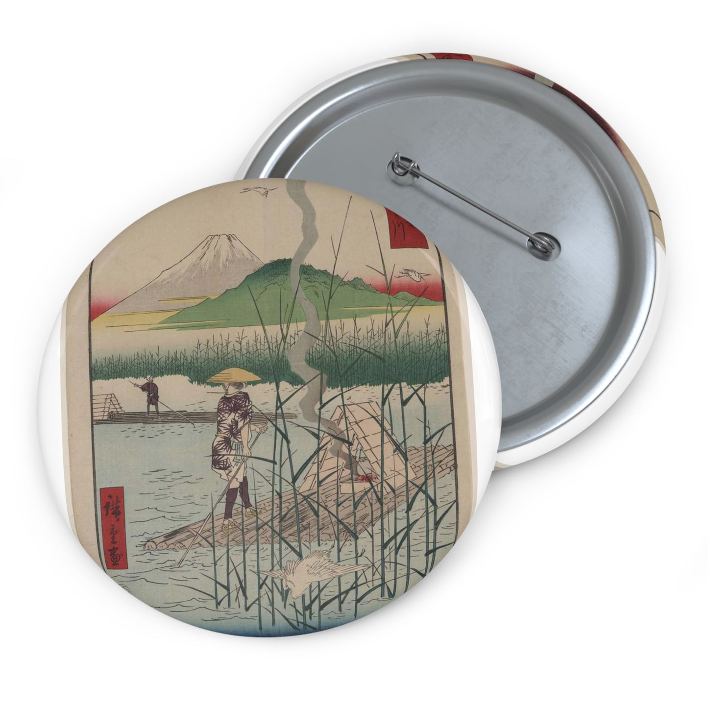 18 - The Sagami River - A painting of a man standing on a boat in a body of water Pin Buttons with Crisp Design