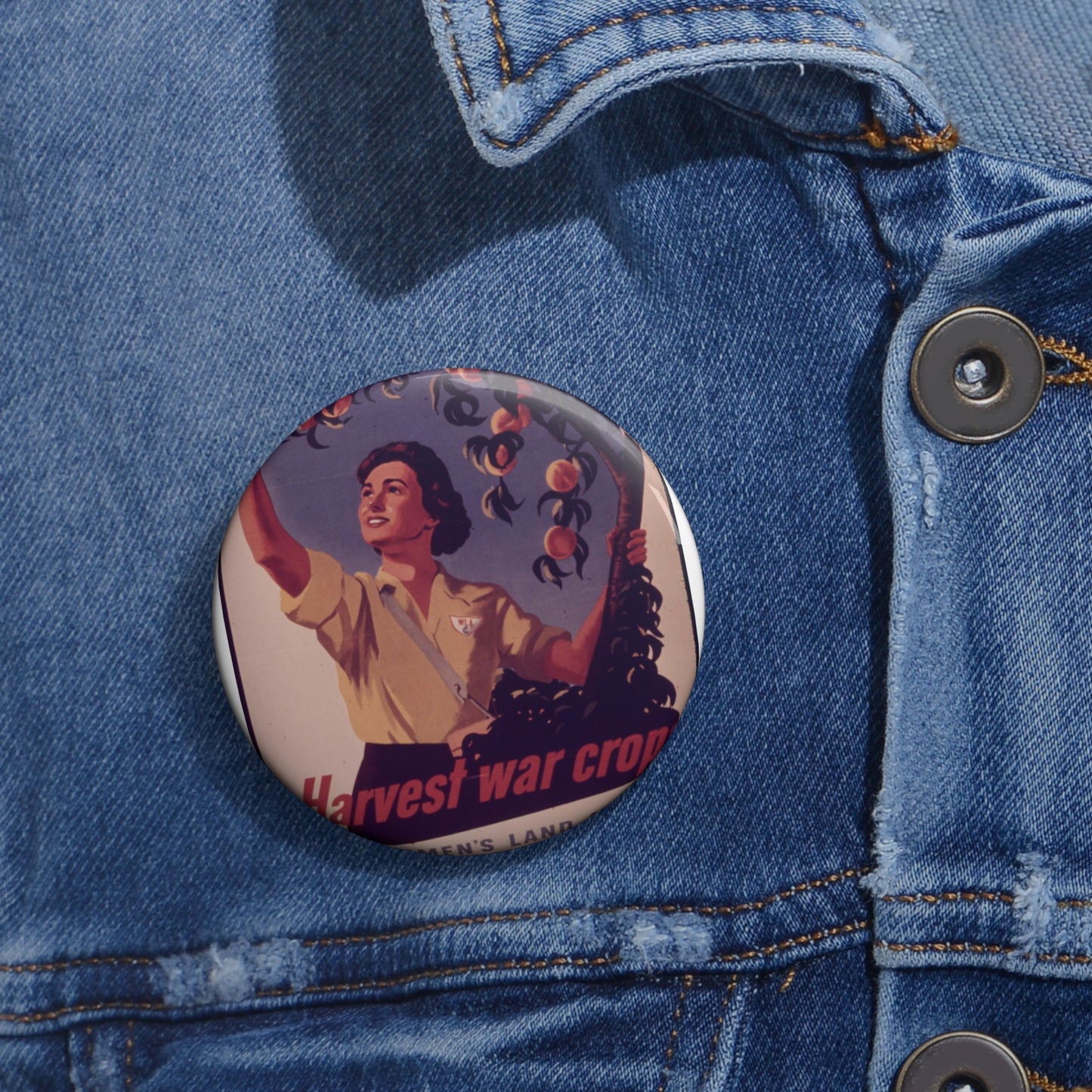 "Harvest War Crops, The Women's Land Army" - NARA - 514440 Pin Buttons with Crisp Design