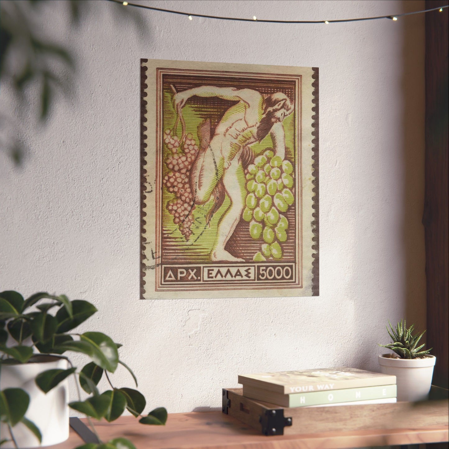 Frimärke ur Gösta Bodmans filatelistiska motivsamling, påbörjad 1950.Frimärke från Grekland, 1953. Motiv av Bacchus med vindruvsklasar. High Quality Matte Wall Art Poster for Home, Office, Classroom