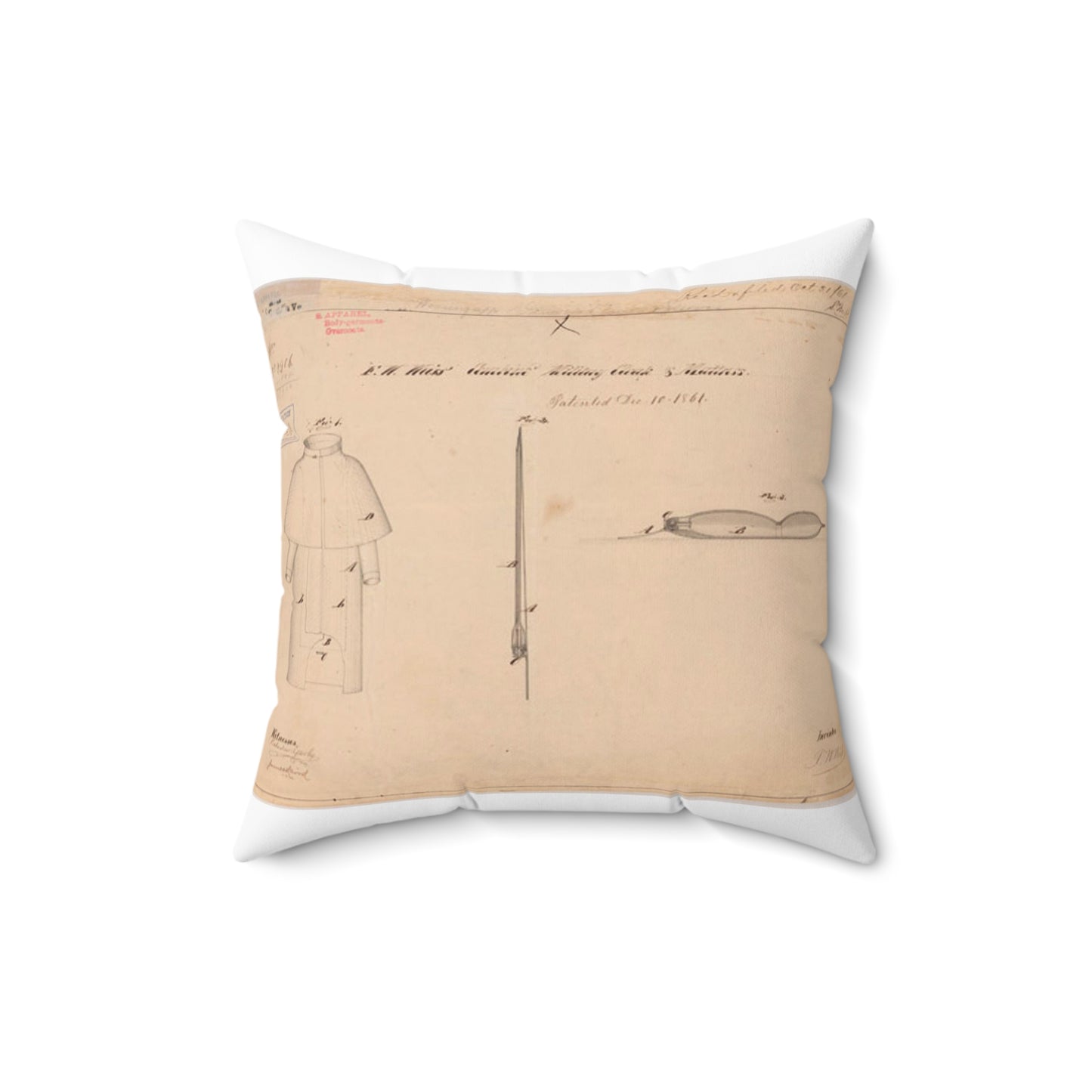 Patent drawing - Drawing of Combined Military Cloak and Mattress Public domain image Decorative Accent Square Pillow