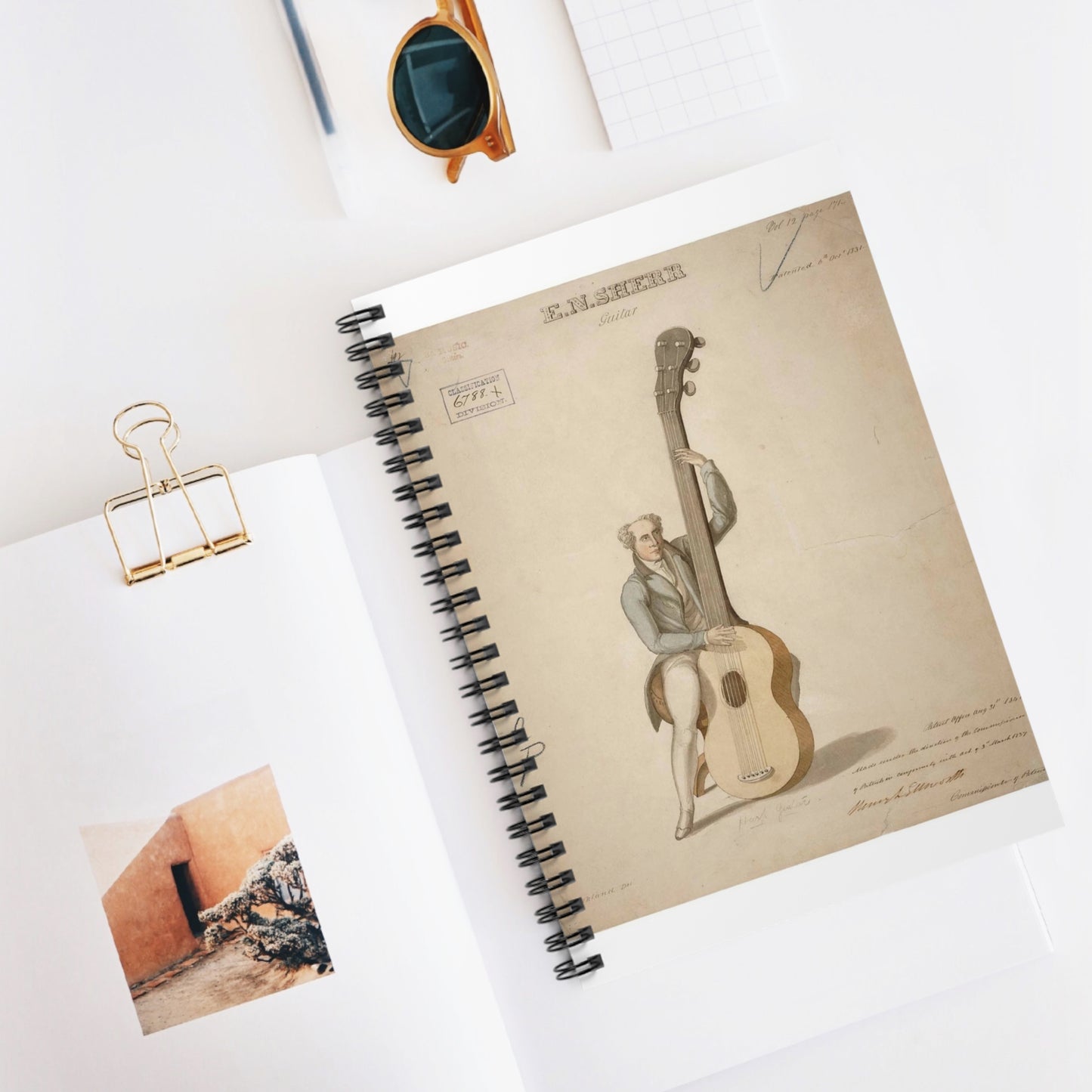 Patent drawing - Drawing of a Harp Guitar Public domain image Spiral Bound Ruled Notebook with Printed Cover
