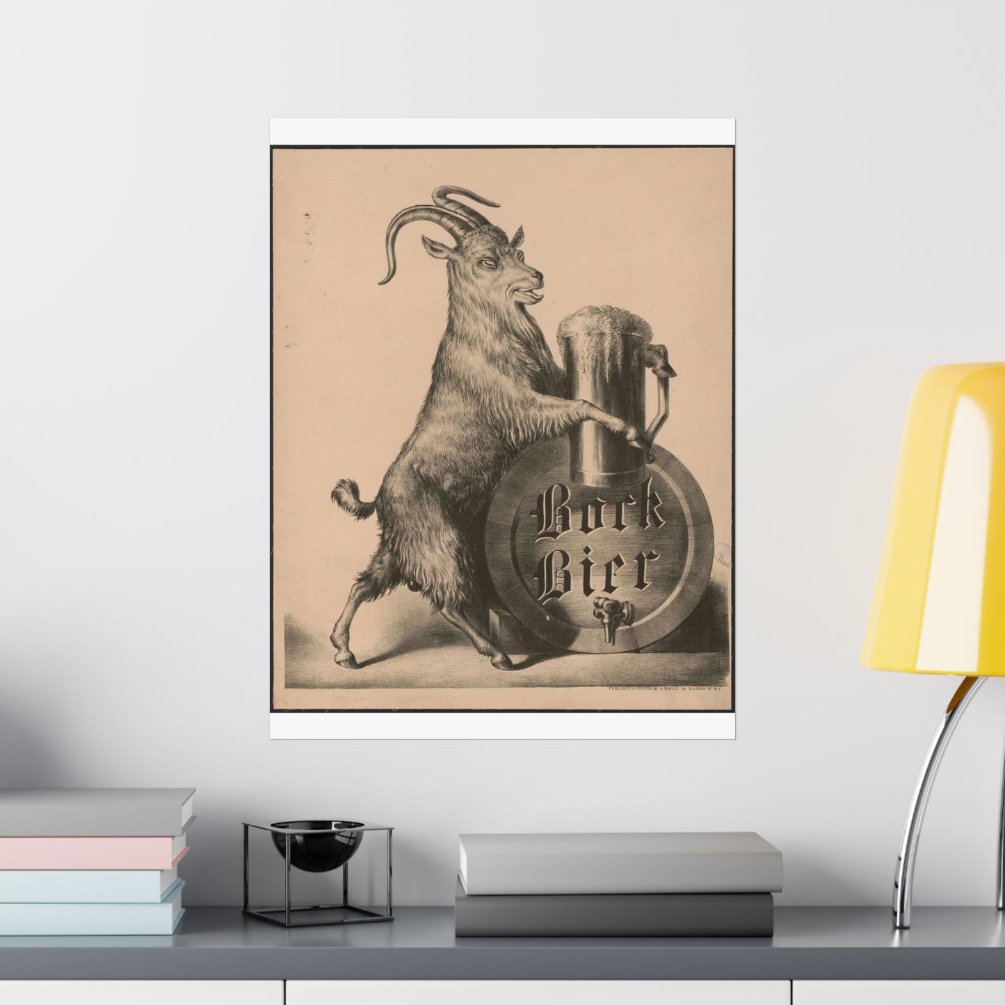 Bock Bier goat on hind legs, holding large mug of beer with front hooves High Quality Matte Wall Art Poster for Home, Office, Classroom
