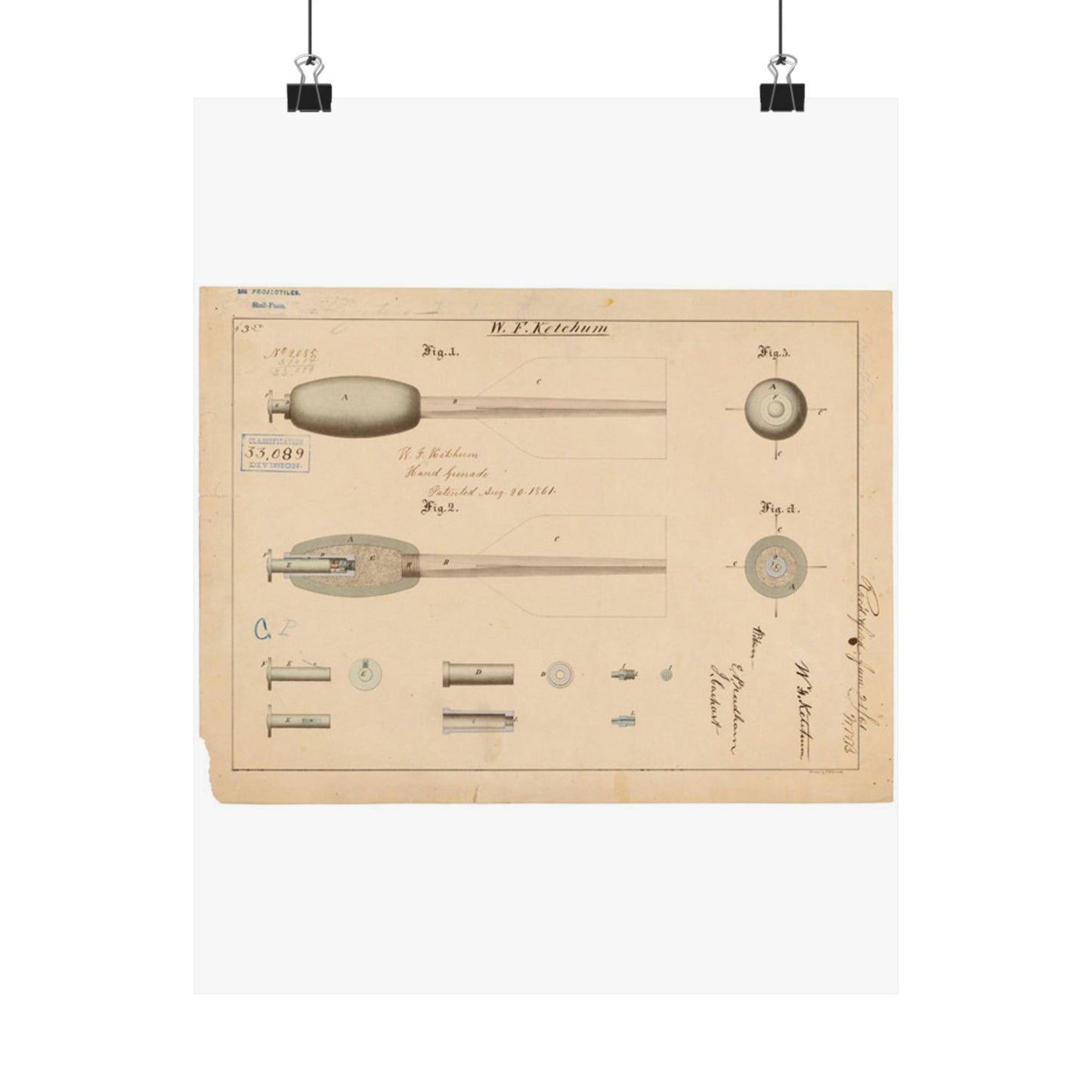 Patent Drawing of Engine - Drawing of Hand Grenade Public domain image High Quality Matte Wall Art Poster for Home, Office, Classroom