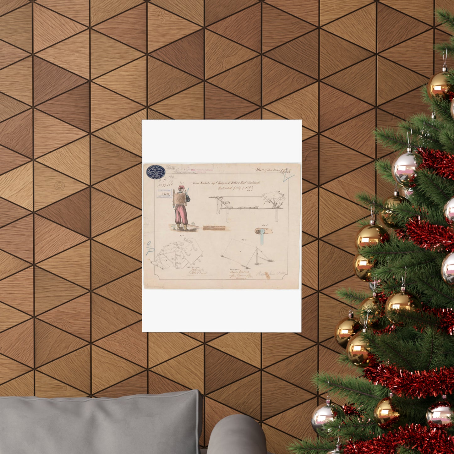Patent drawing - Drawing of Improved Knapsack, Litter and Tent Combined Public domain image High Quality Matte Wall Art Poster for Home, Office, Classroom