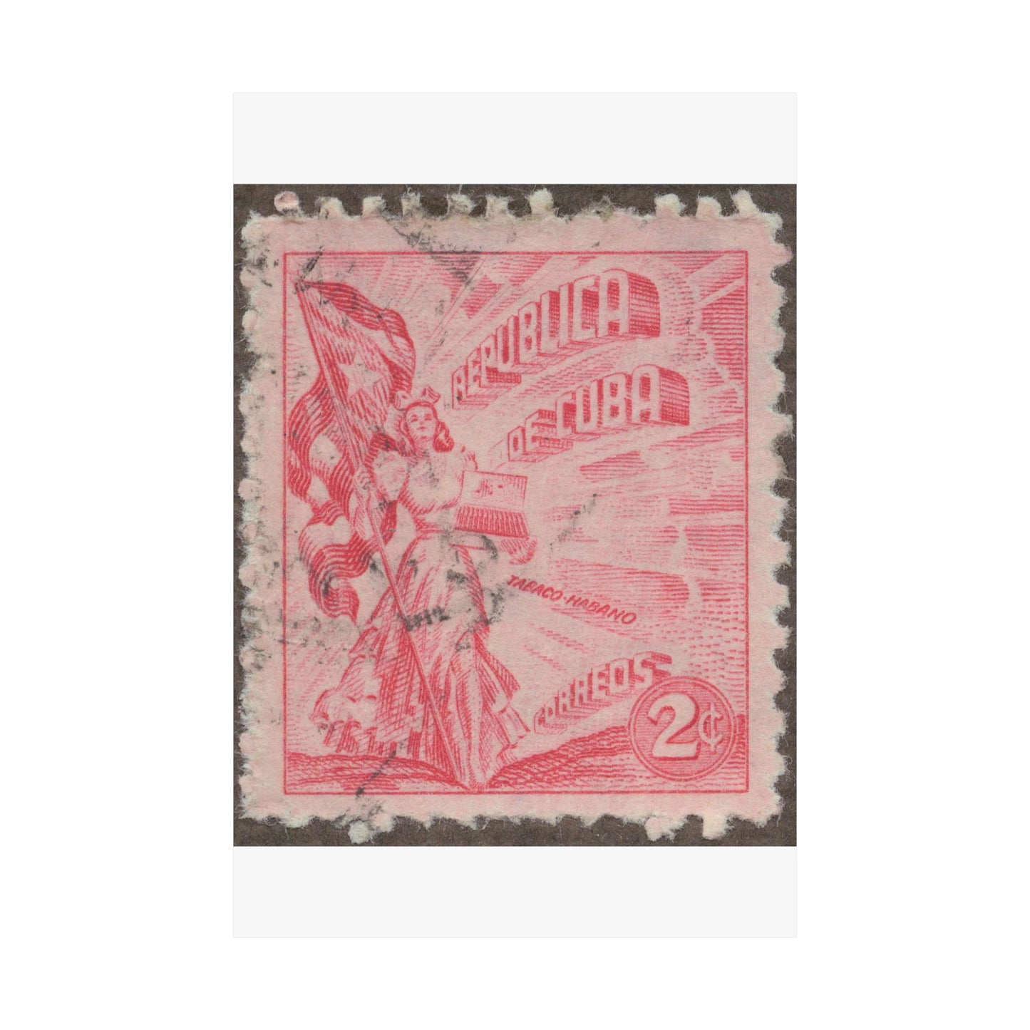 Frimärke ur Gösta Bodmans filatelistiska motivsamling, påbörjad 1950.Frimärke från Cuba, 1948. Motiv av kvinnosymbol för friheten med cigrarrlåda och flagga. High Quality Matte Wall Art Poster for Home, Office, Classroom