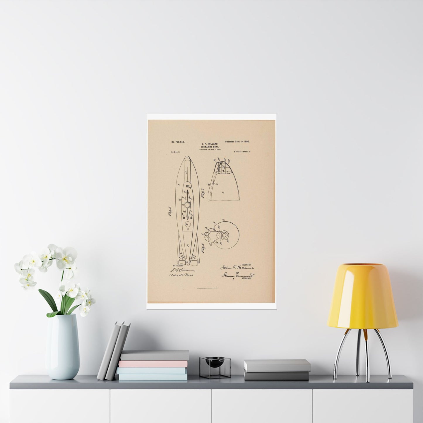 Patent drawing - Drawing for a Submarine Boat Public domain image High Quality Matte Wall Art Poster for Home, Office, Classroom