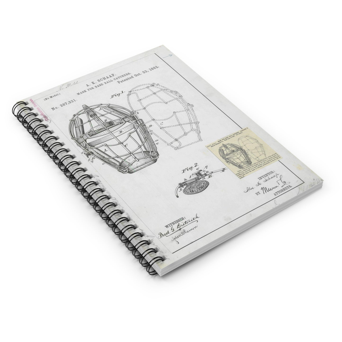 Patent drawing - Drawing of a "Mask for Base Ball Catchers" Public domain image Spiral Bound Ruled Notebook with Printed Cover