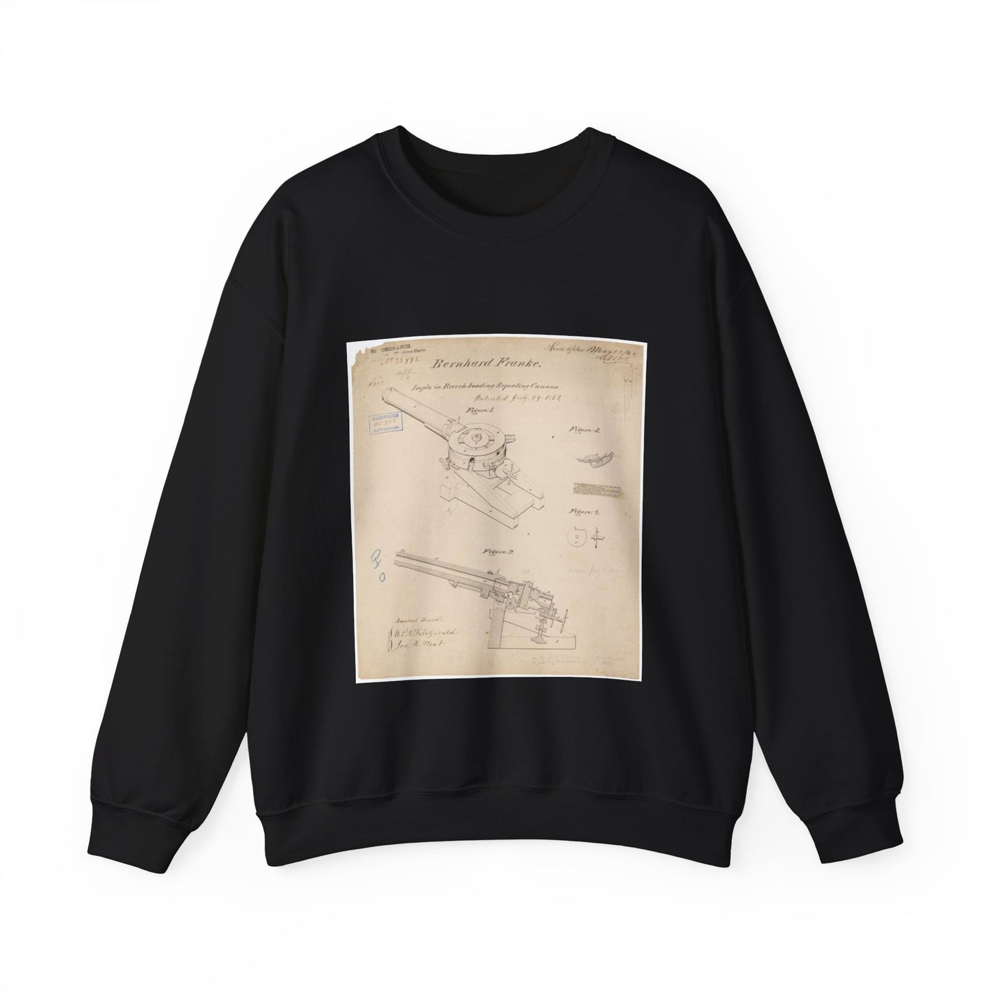 Patent drawing - Drawing of Improvements in Breech-Loading Repeating Cannon Public domain image Black Heavy Blend Adult Crew Neck SweatShirt