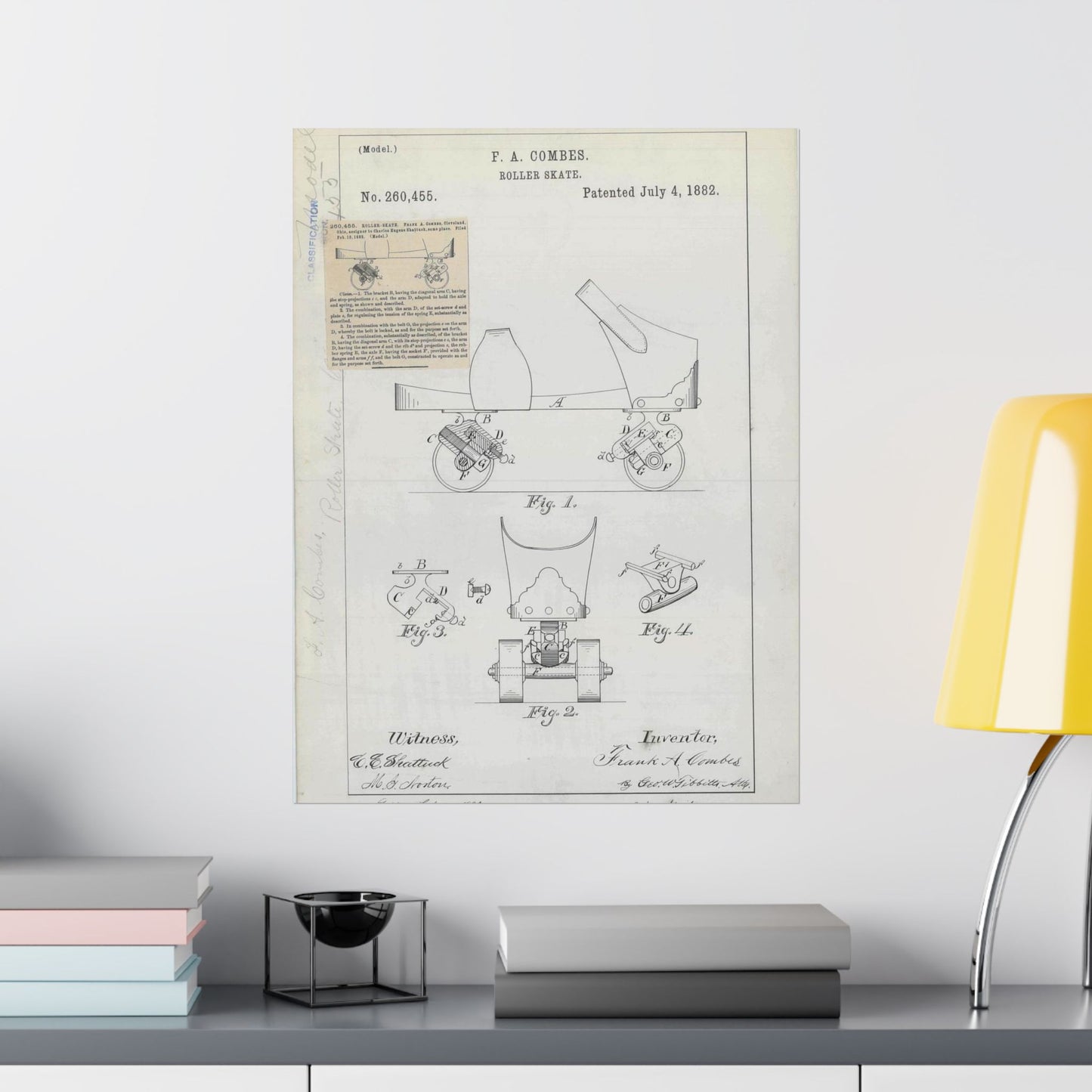 Patent drawing - for F. A. Combes' Roller Skate Public domain image High Quality Matte Wall Art Poster for Home, Office, Classroom