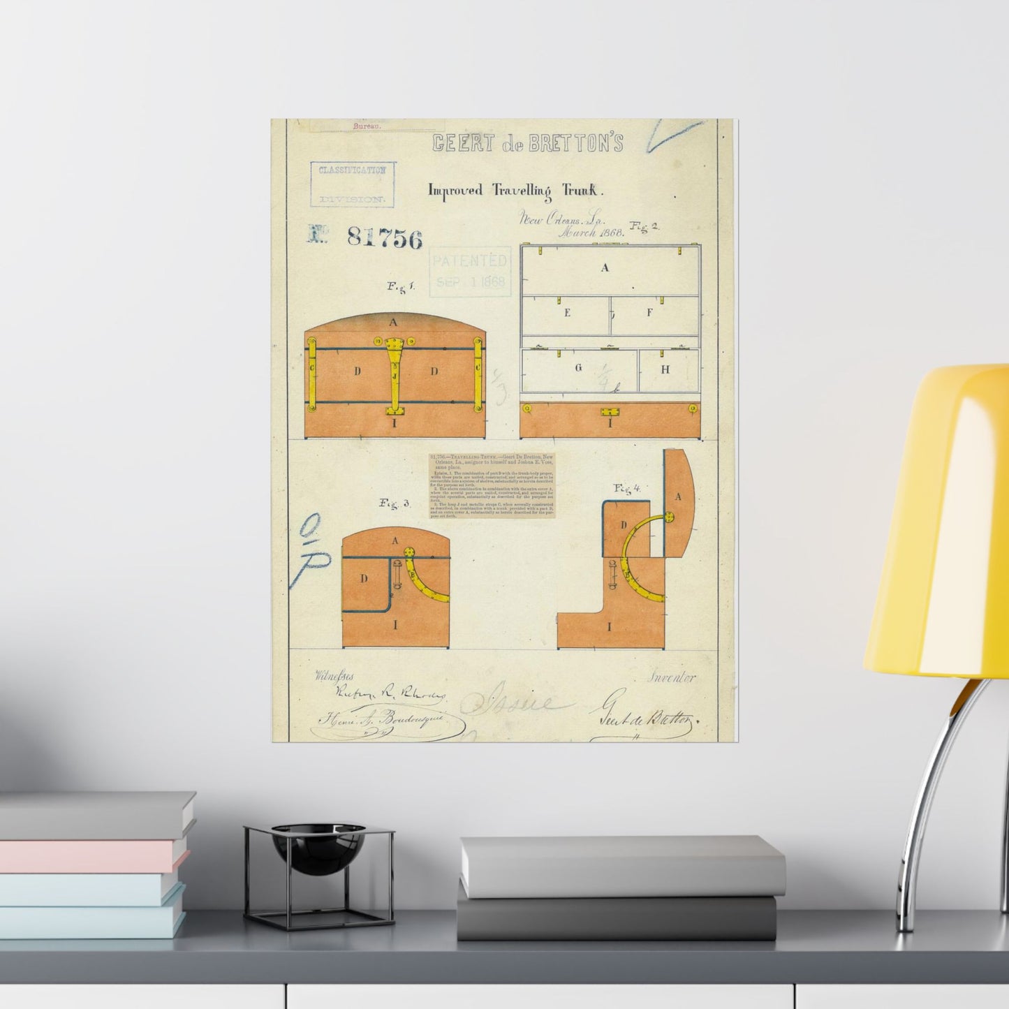 Patent drawing - Drawing of an Improved Traveling Trunk Public domain image High Quality Matte Wall Art Poster for Home, Office, Classroom